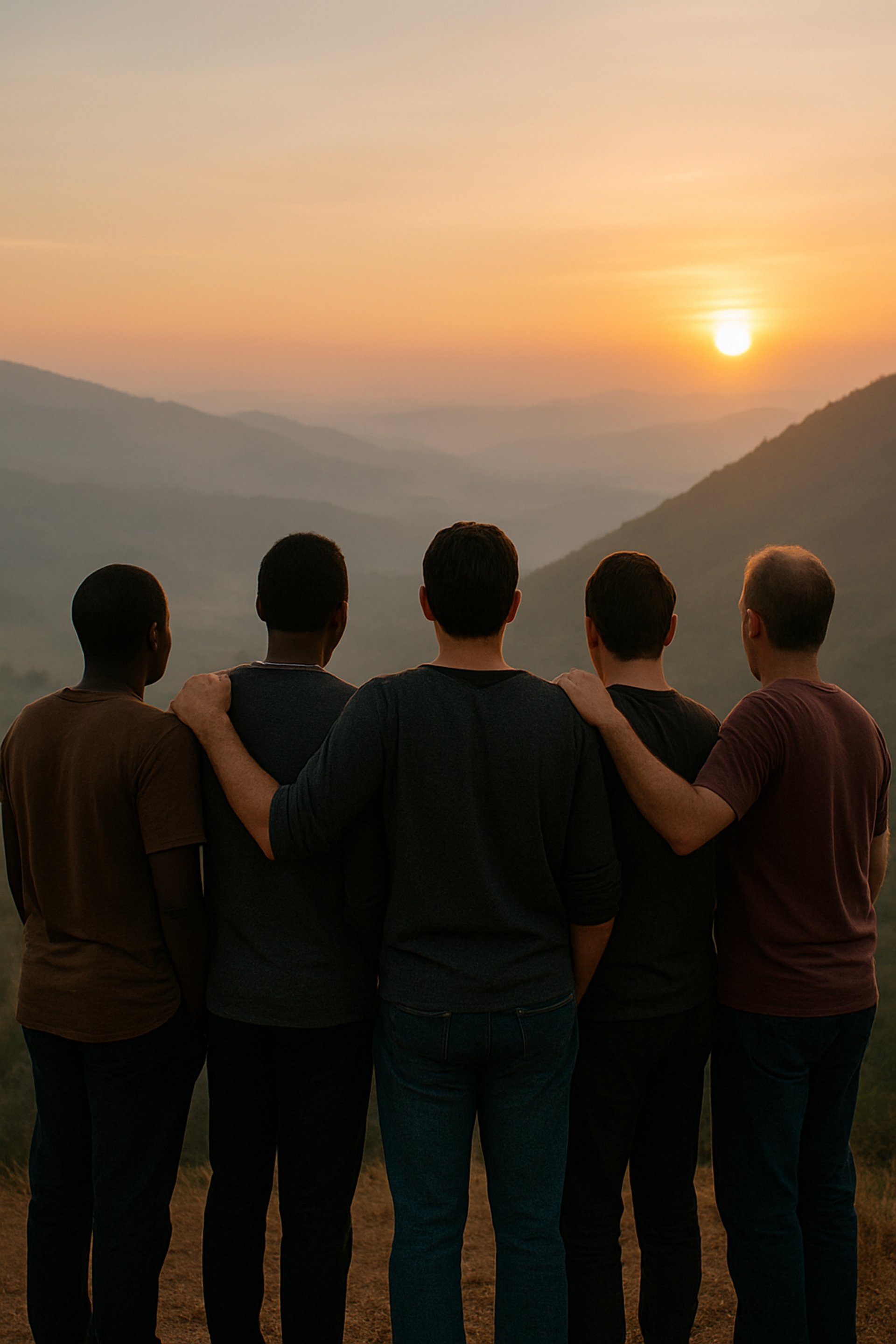 row of four men sitting on mountain trail