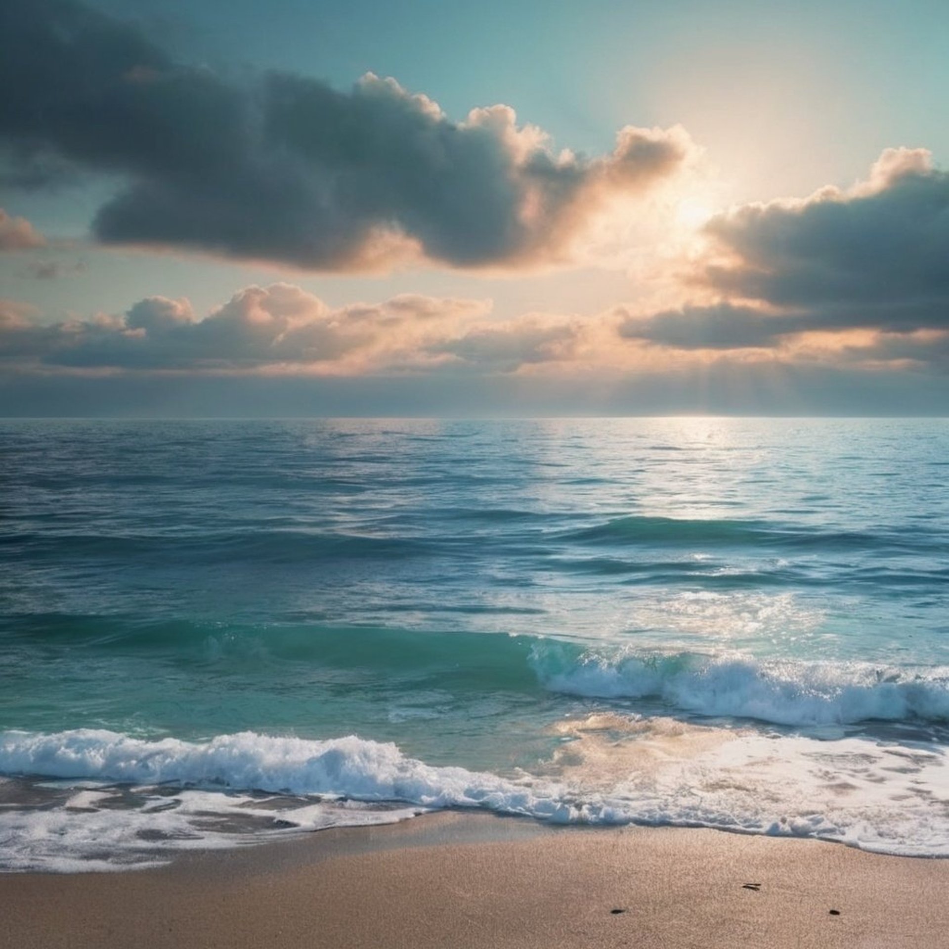 Image of waves crashing on a beach beneath a sunny sky.