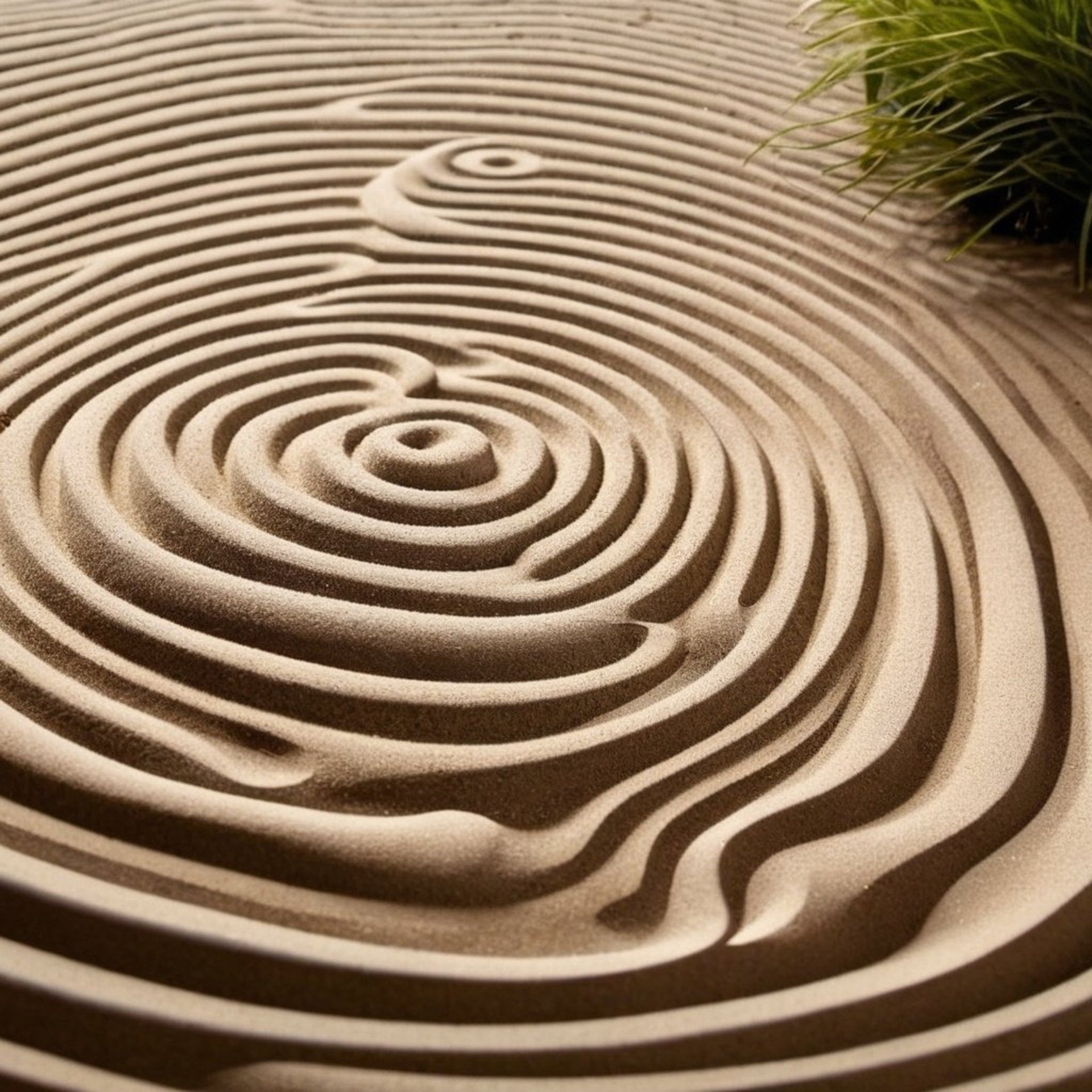 Image of a meditation garden with sand raked in a smooth, swirling pattern.