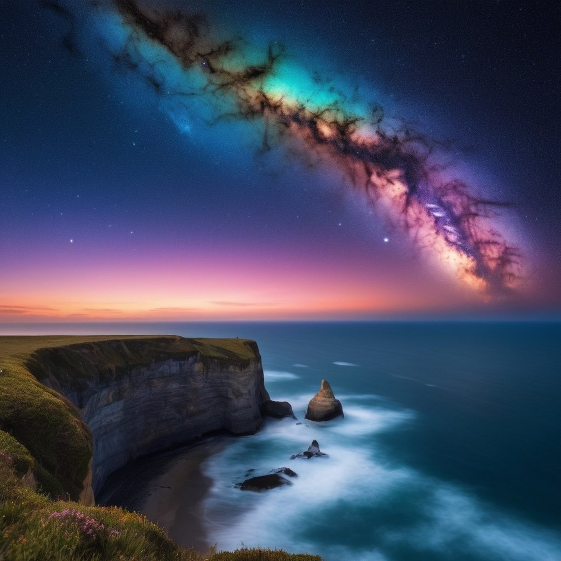 Image of coastline at the edge of a cliff, beneath a starry sky.