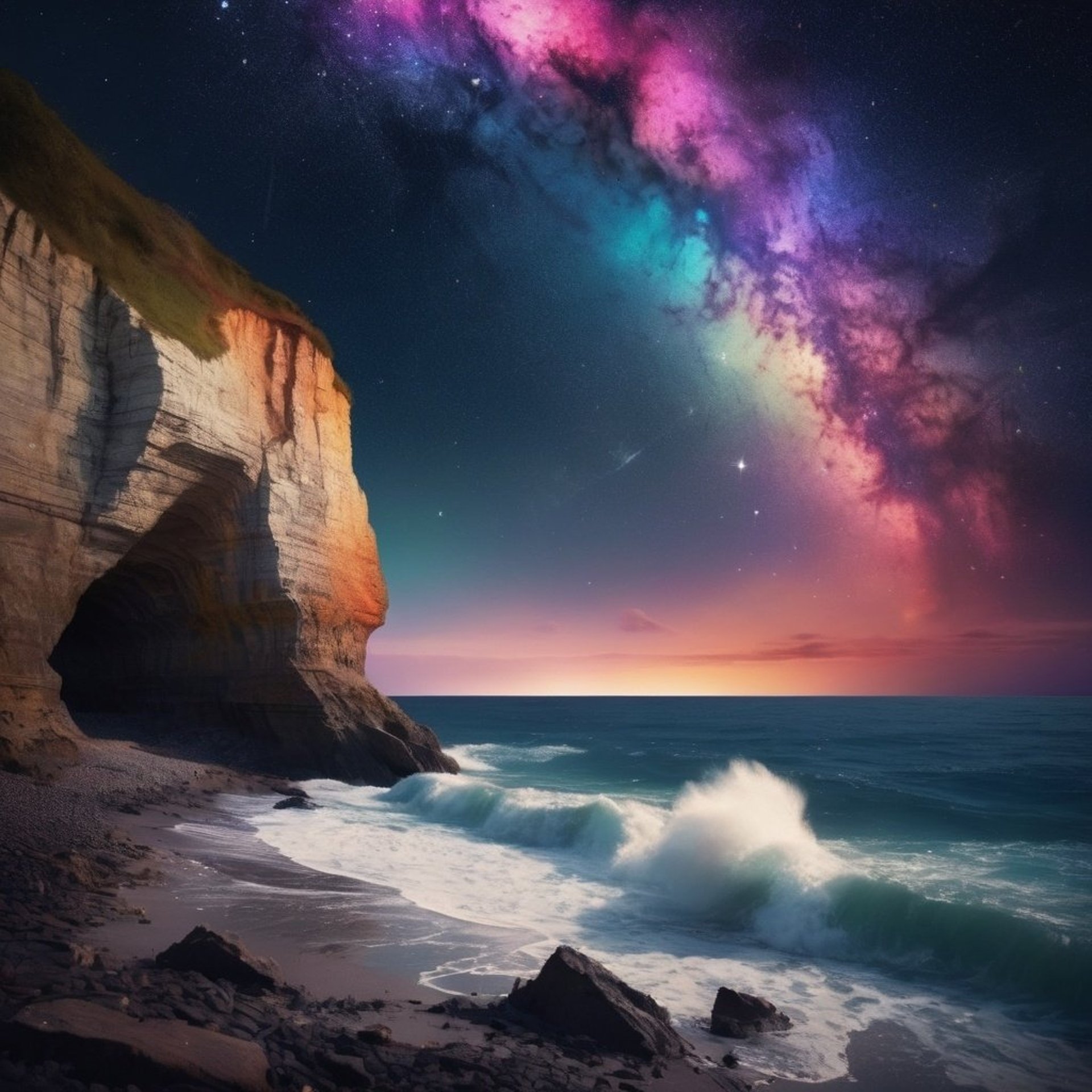 Image of waves crashing on a rocky beach at the edge of a cliff, beneath a starry sky.