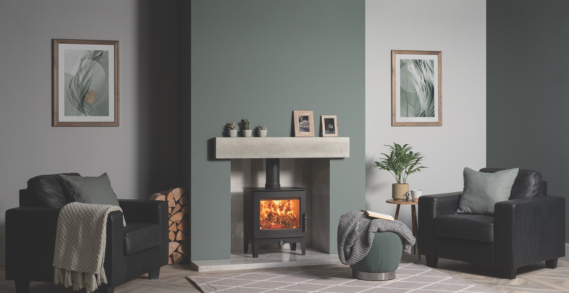 Wood burning stove installed and burning kiln dried logs