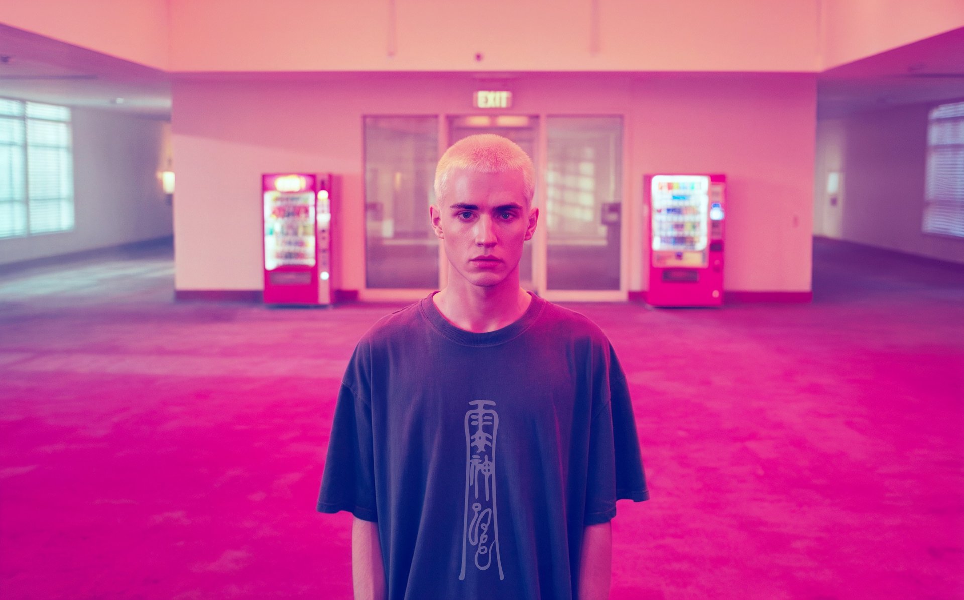 man model with bleached buzzcut wearing Fulutee gray T-shirt with Fu talisman design, standing in a pink-lit indoor space