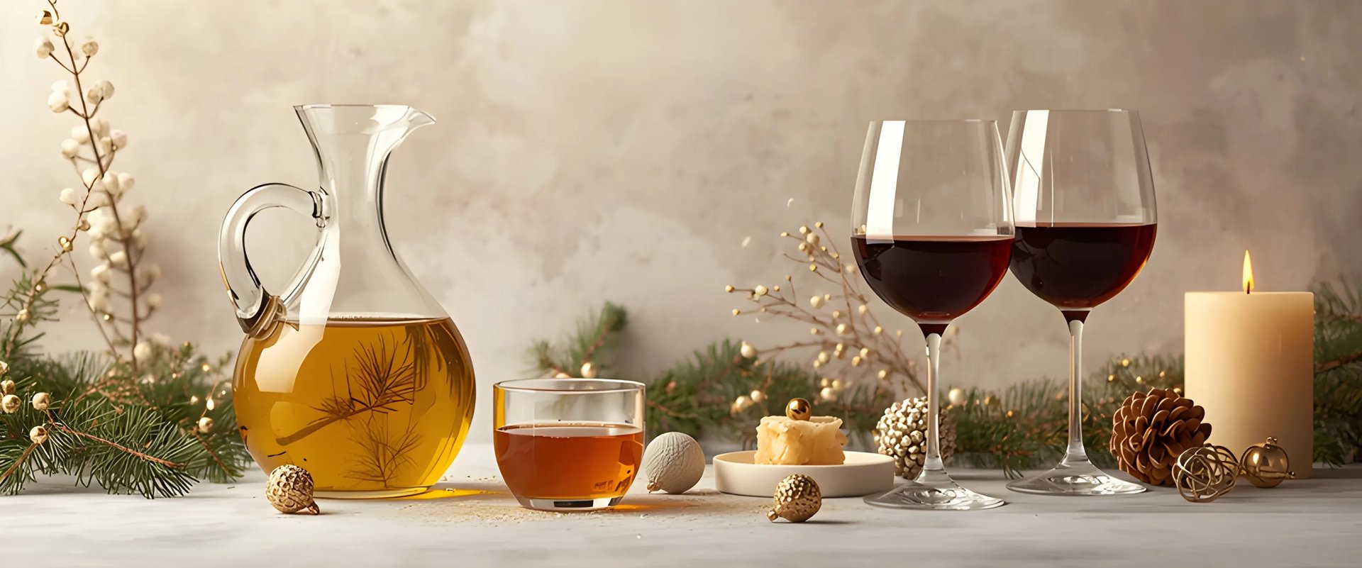 Luxuriöse griechische Feinkost: Olivenöl, Premium-Honig und Rotwein in weihnachtlicher Szene.