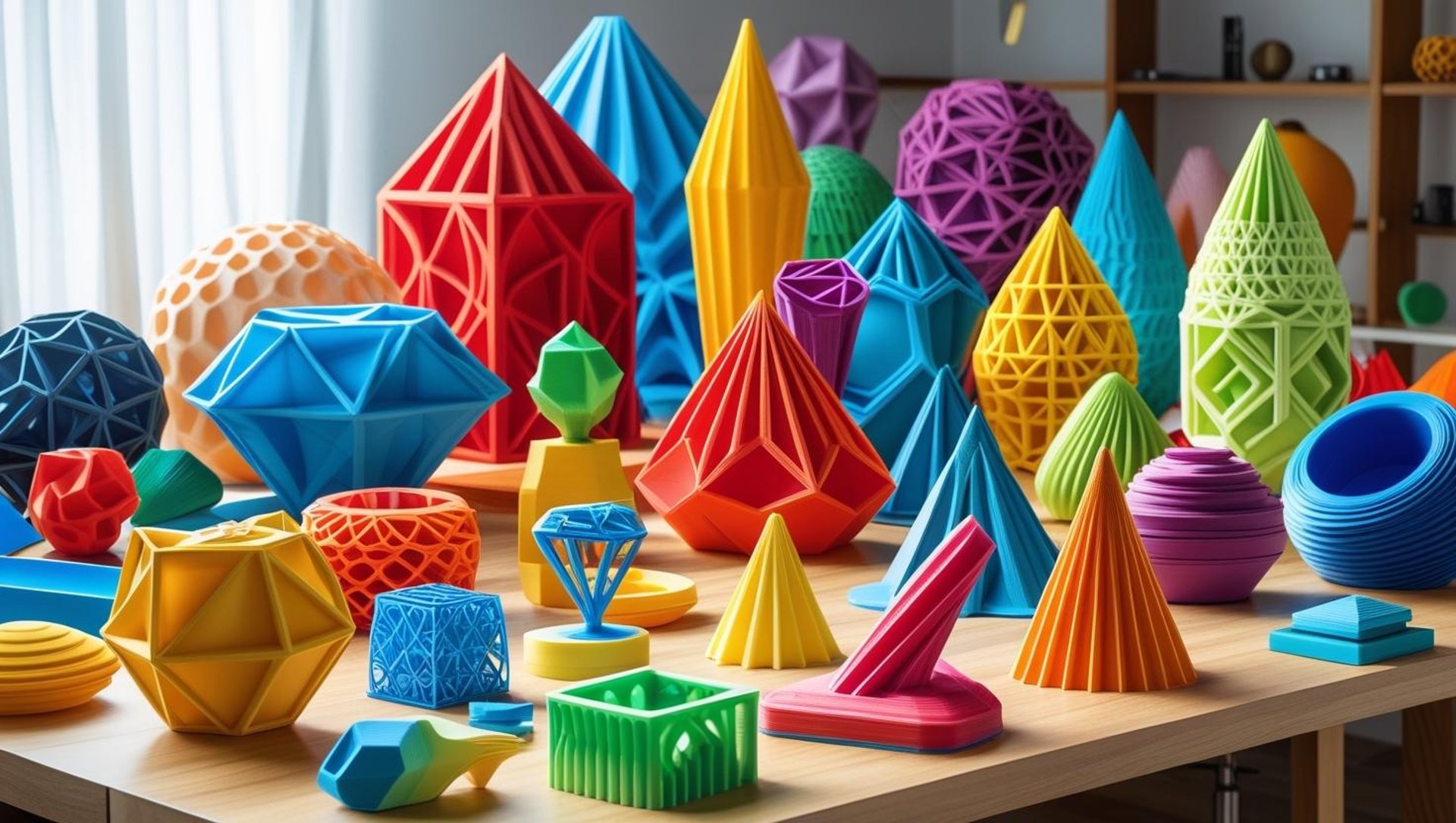 WIKXY Brightly coloured, taylormade 3D printed parts on the table. Available at WIKXY 3D Printing in Stoke-on-Trent.