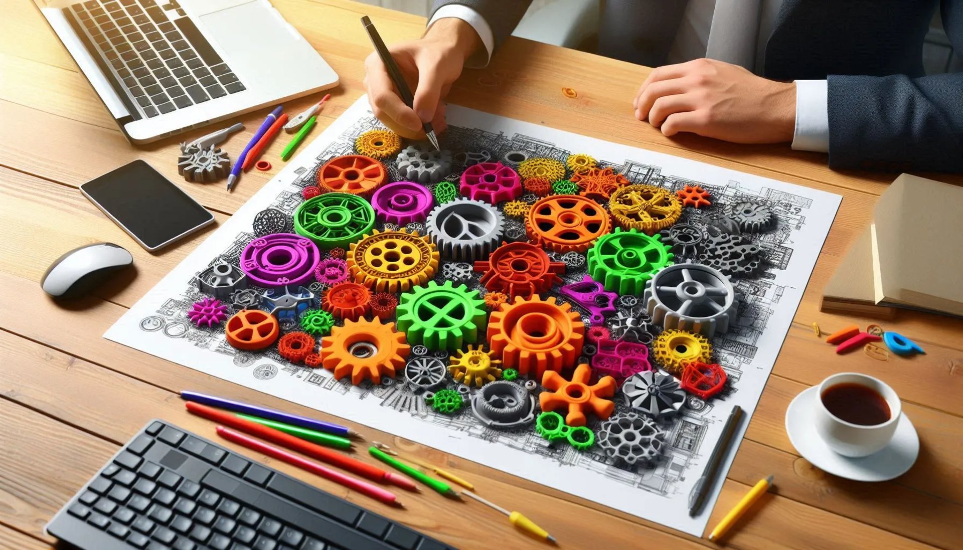 WIKXY Brightly coloured, taylormade 3D printed gears on the table. Available at WIKXY 3D Printing in Stoke-on-Trent.