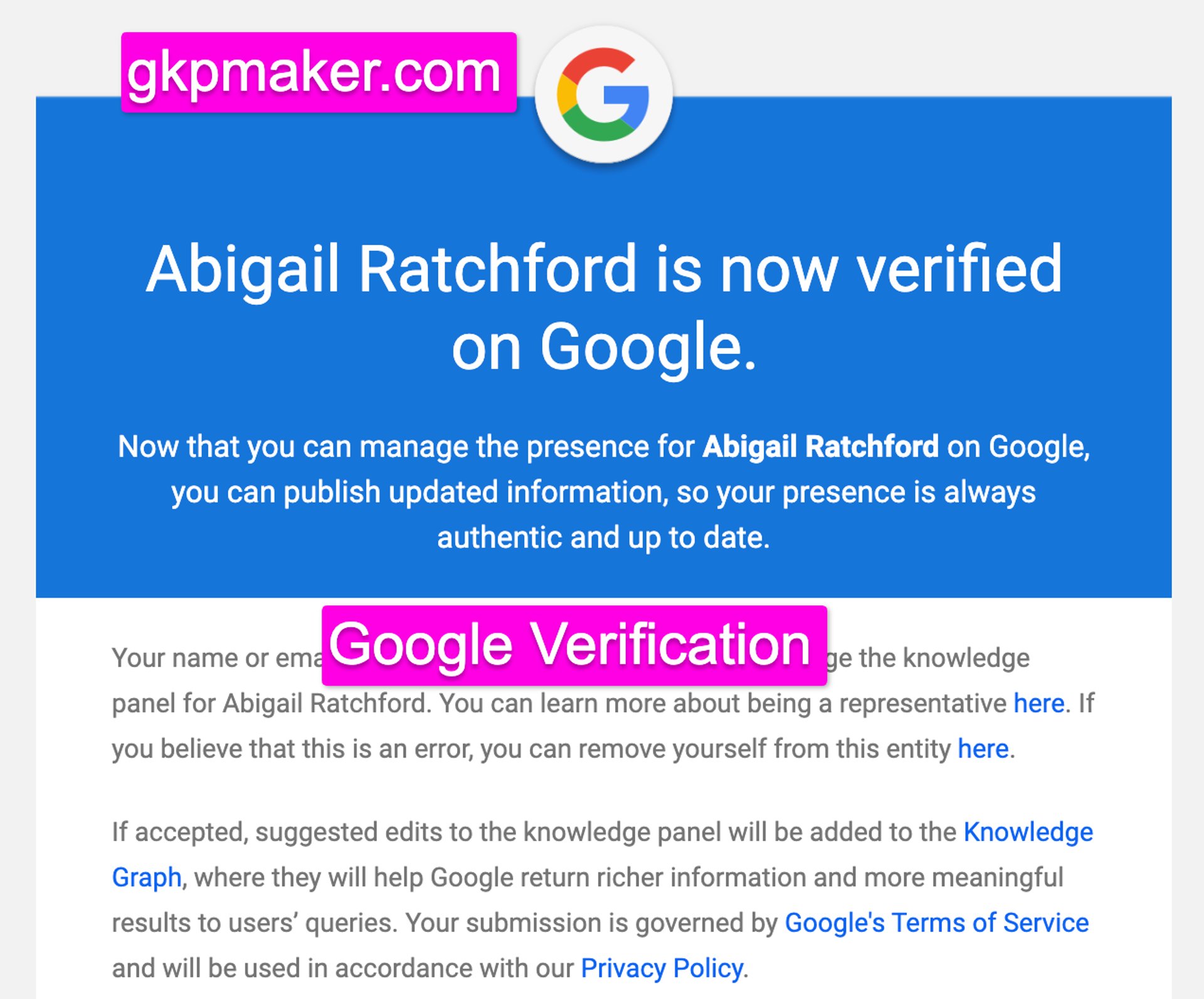 Abigail Ratchford Google Knowledge Panel Verification