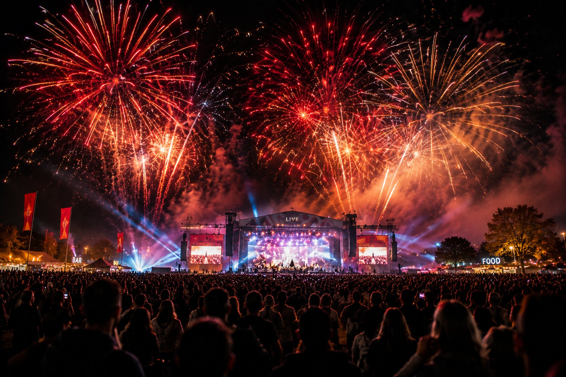 Large scale festival fireworks display above a packed outdoor crowd and live stage in the Midlands