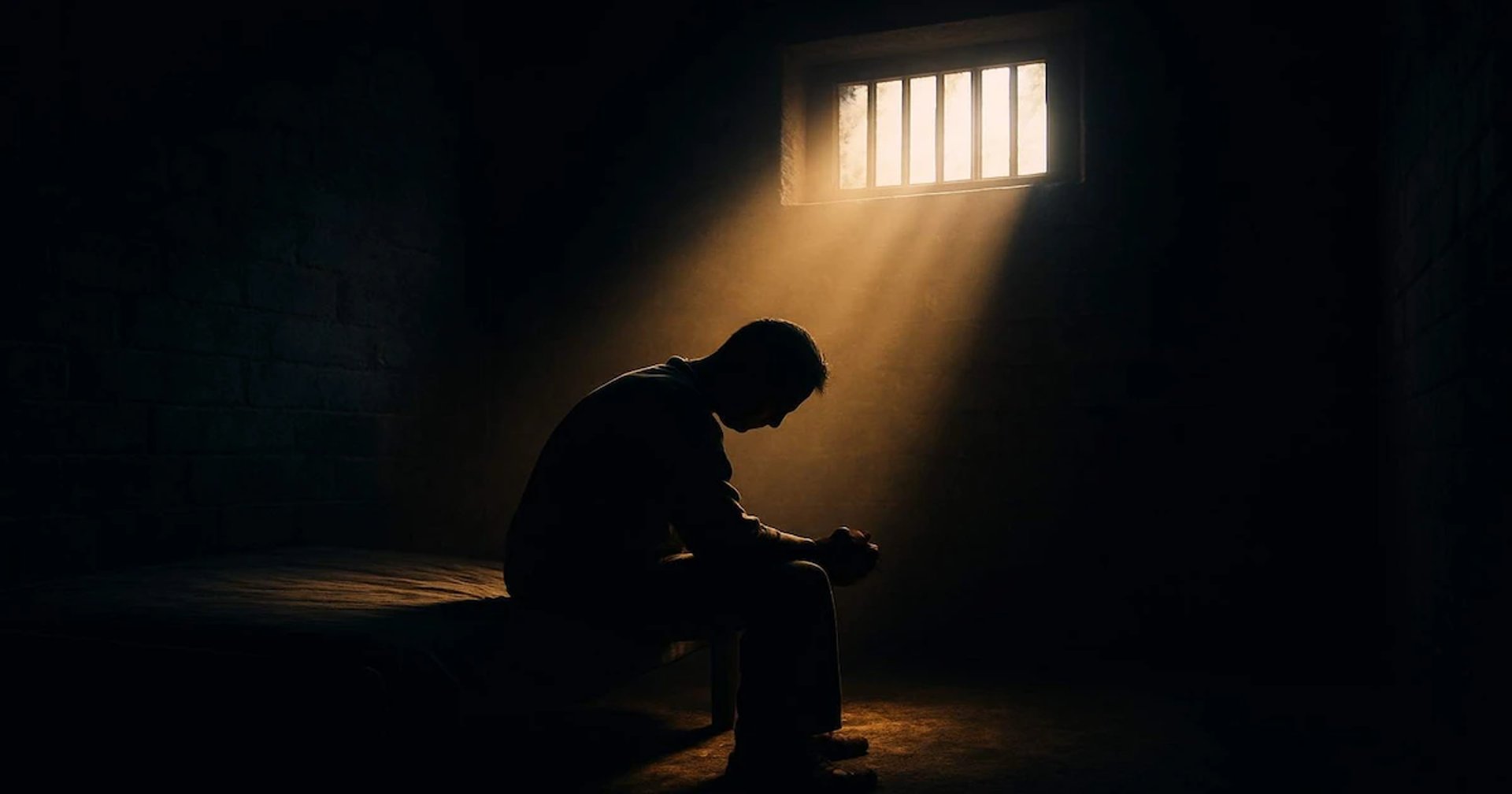 Man sitting in prison cell with head bowed in prayer — seeking forgiveness after crime, Christian redemption story