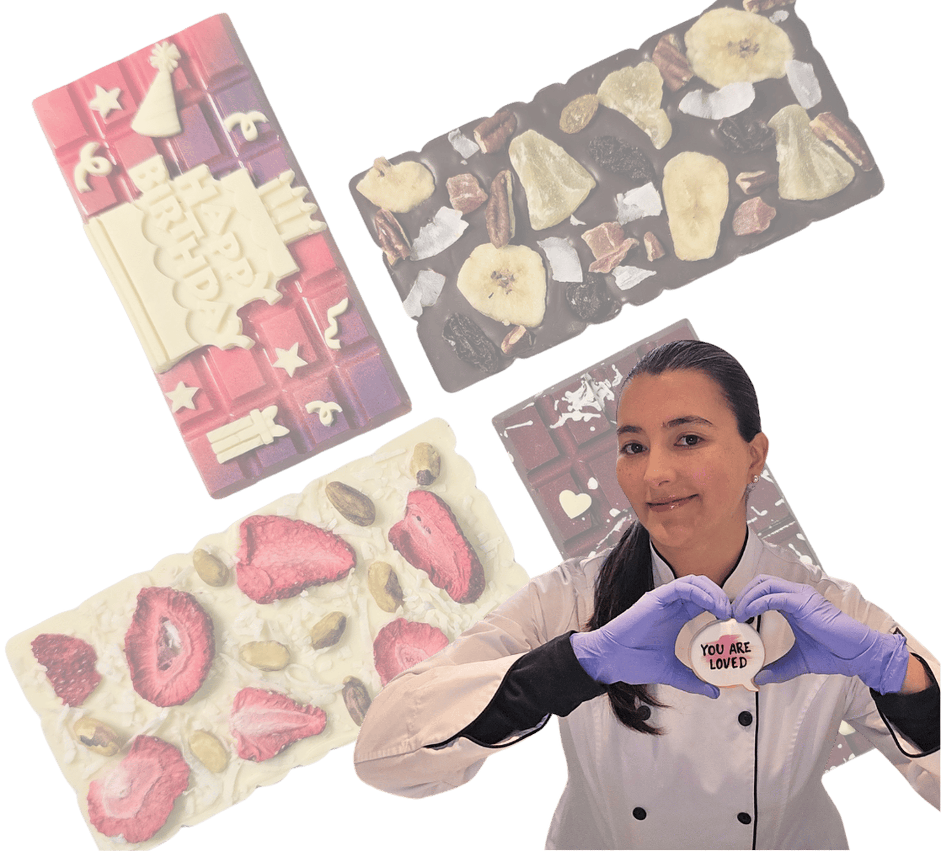 Natalia, founder of Chocos Cookies Cakes, holding a handcrafted cookie with the message "You Are Loved" and custom chocolates