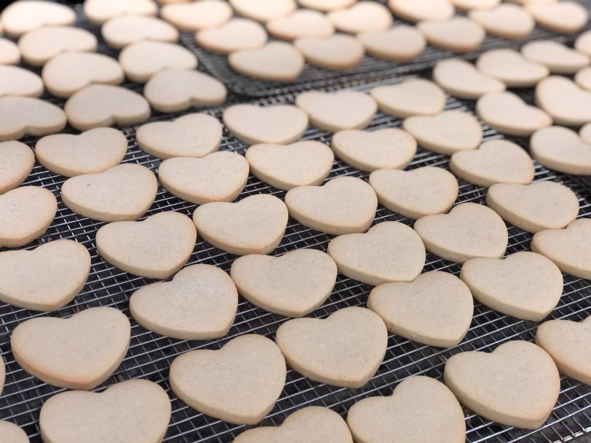 Freshly baked heart-shaped cookies, golden brown and perfect for gifting or celebrating special occasions with love.