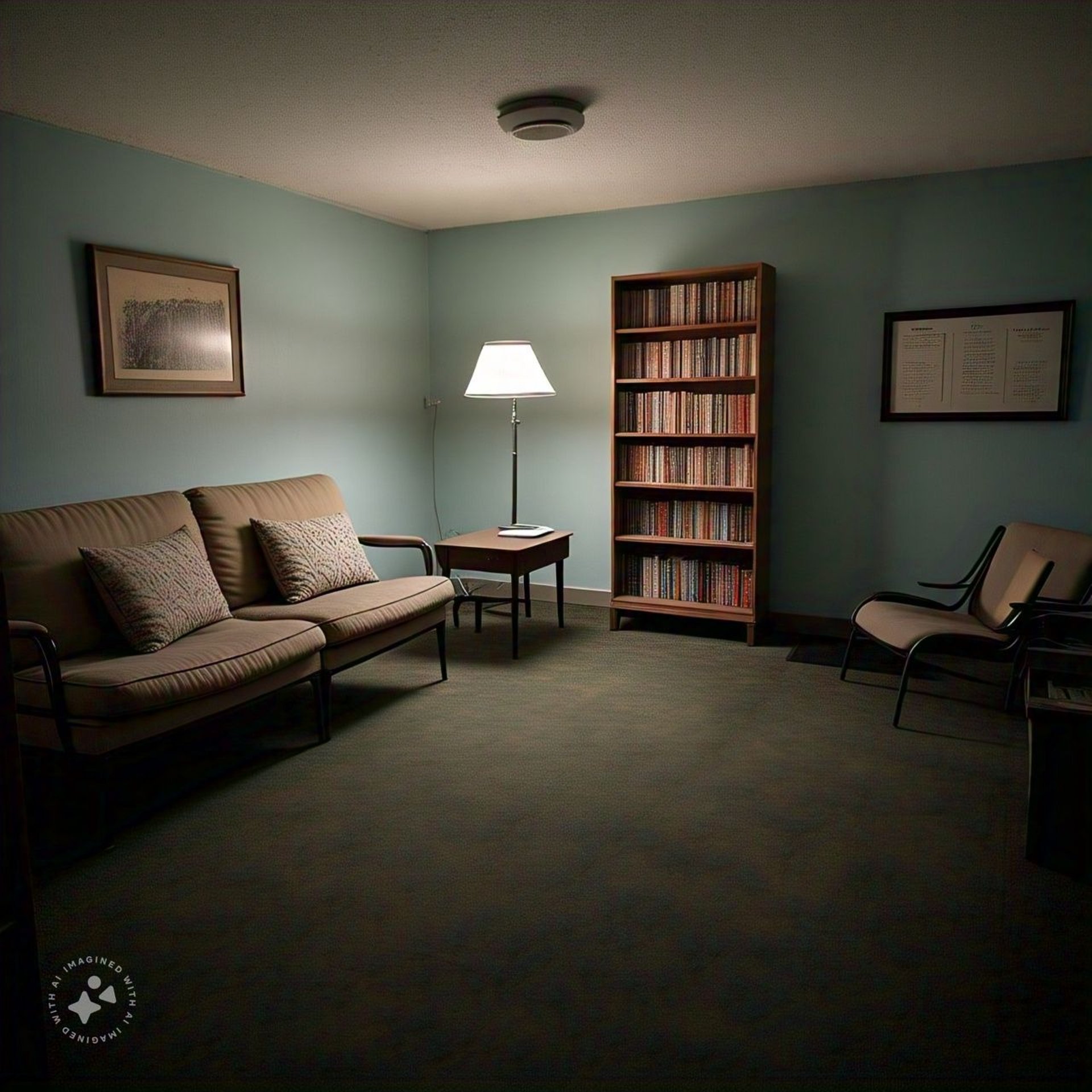a living room with two black leather chairs and a coffee table