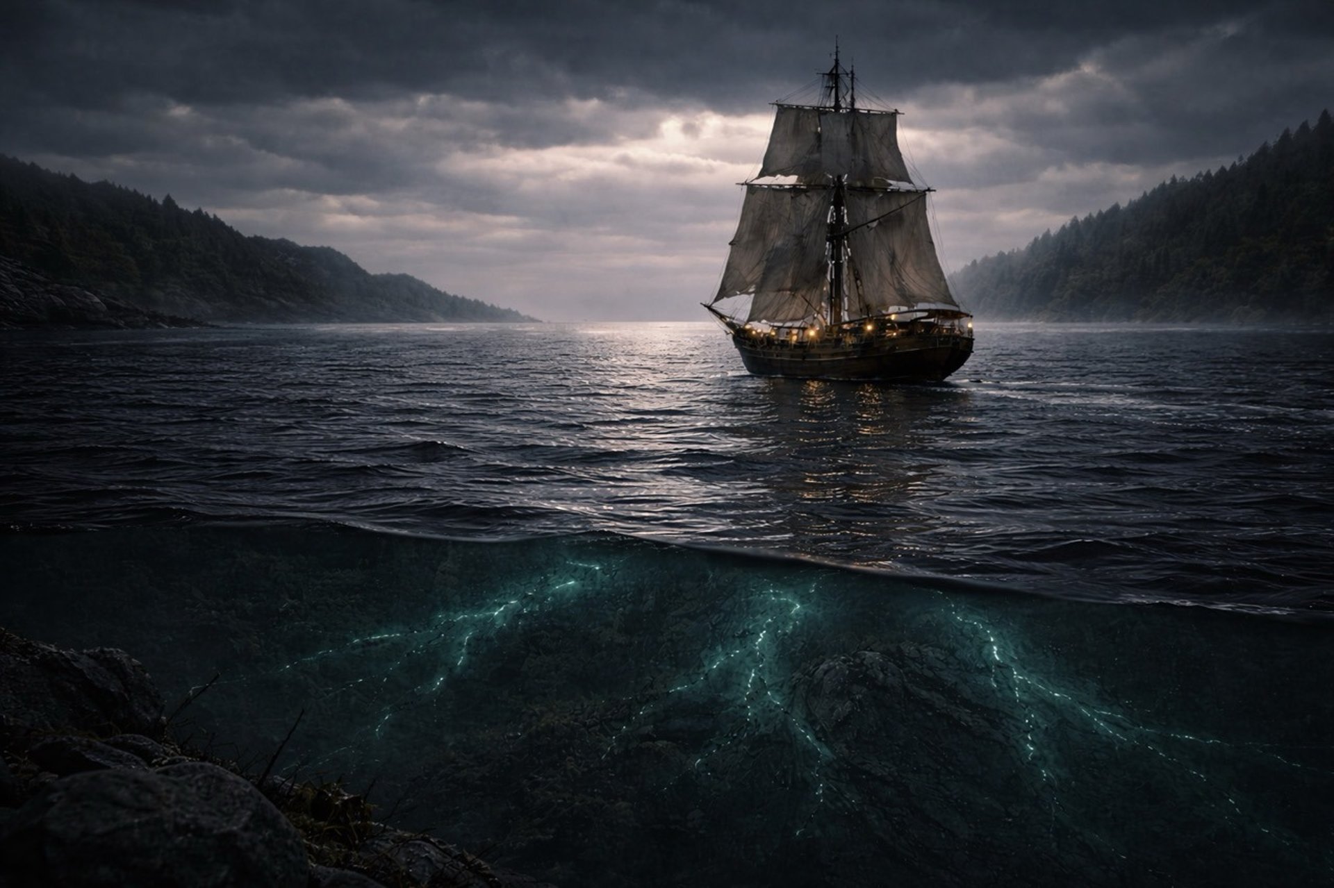 Merchant ship at dusk in Silvertide Bay