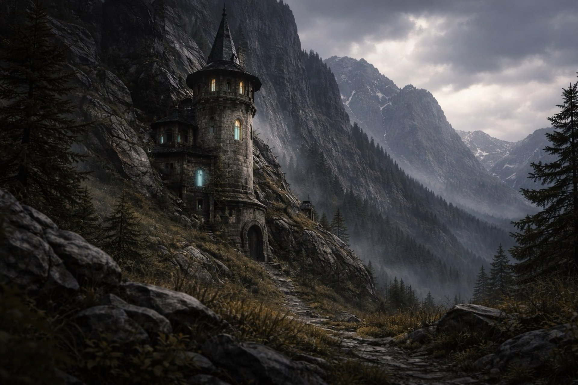 Mysterious tower in the Evareach Mountains in Anuheim