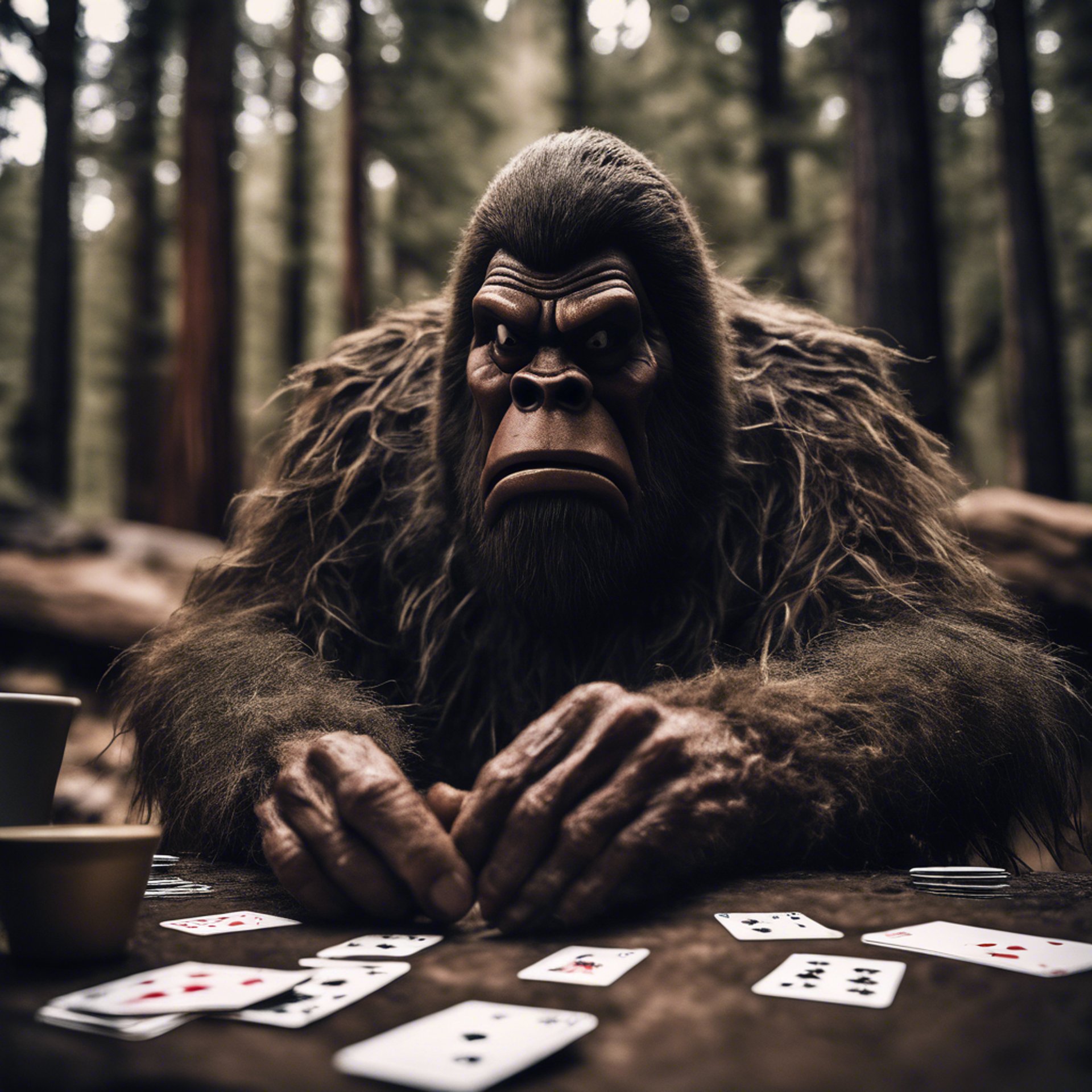 Sasquatch playing saxaphone in the Sierra Nevada