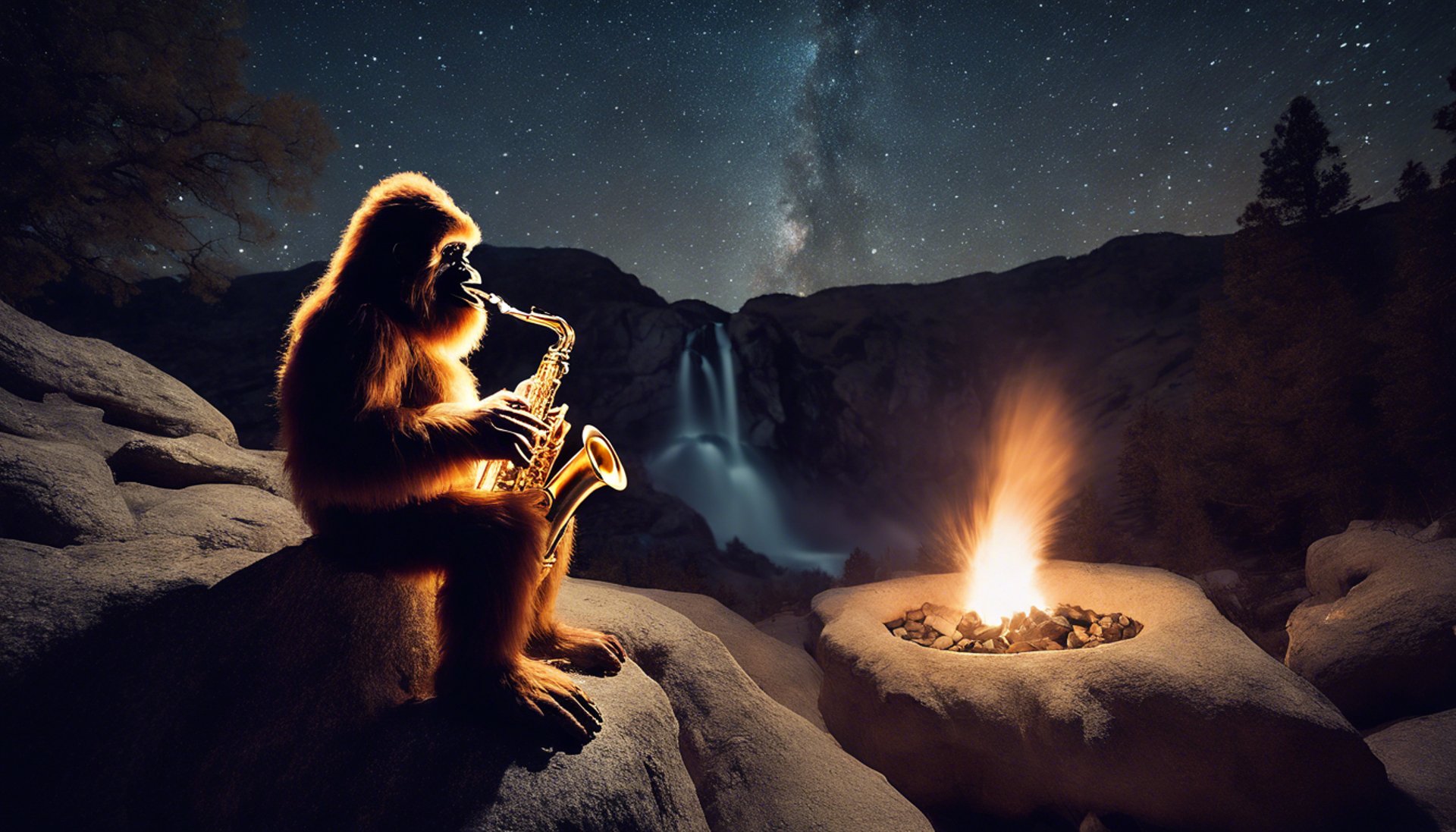 Sasquatch playing saxaphone in the Sierra Nevada