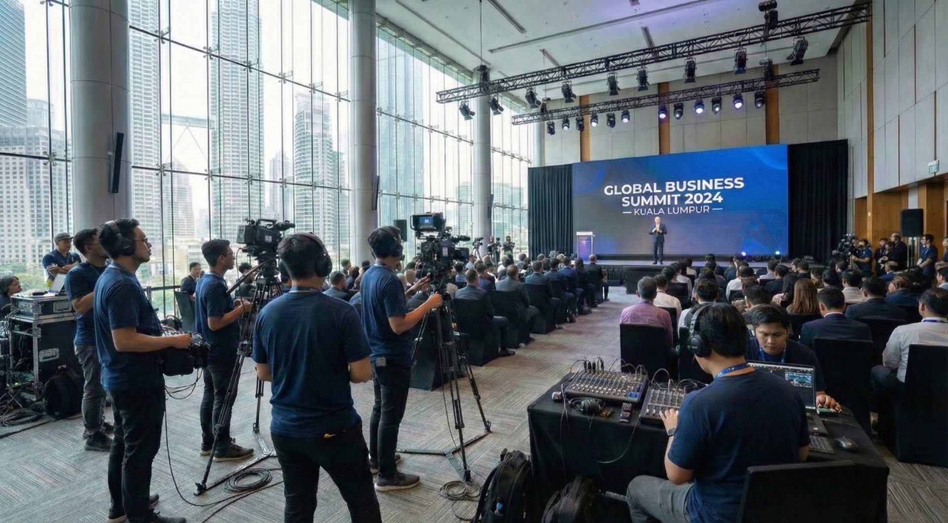 a group of people standing in a dark room