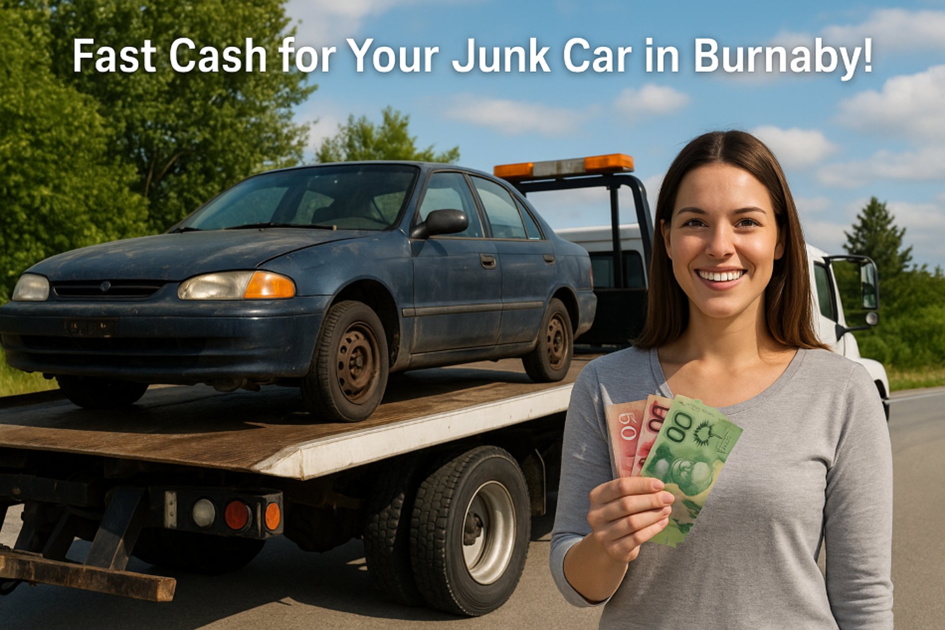 Smiling woman holds Canadian cash beside tow truck hauling an old car.