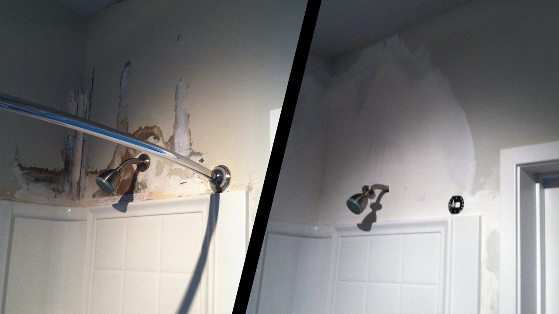 Drywall repair of damaged bathroom wall at shower head
