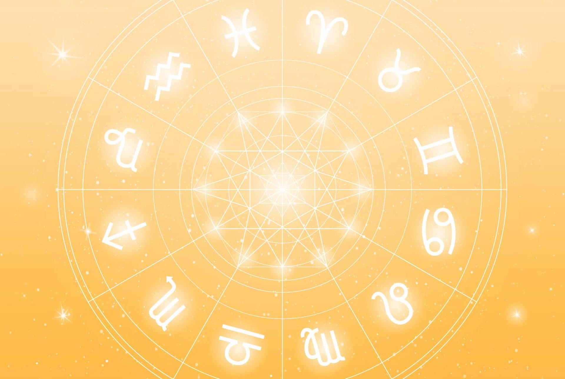 Golden zodiac wheel background with astrological symbols