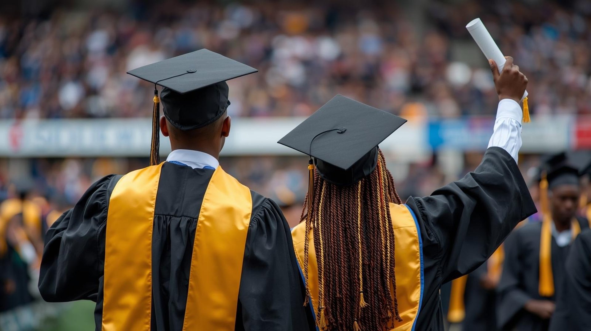 A man in a graduation gown throwing a hat in the air