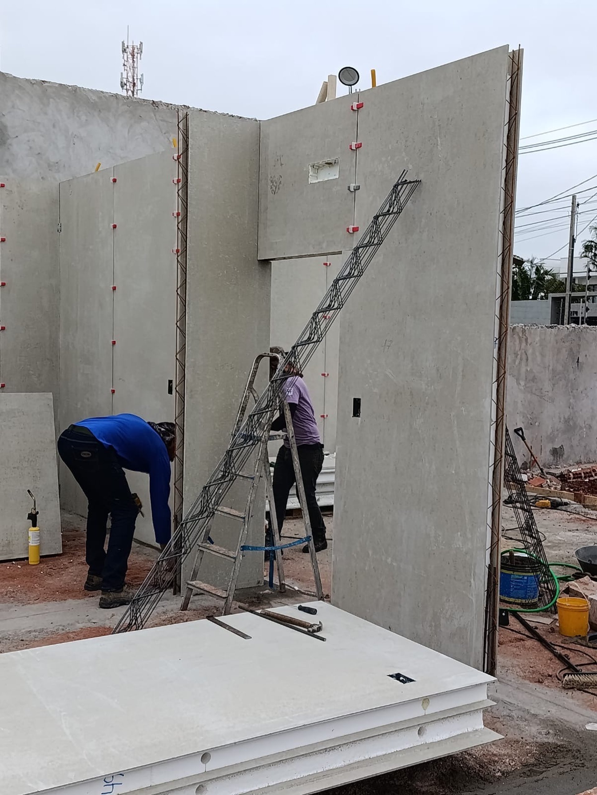 an airplane is flying in the blue sky