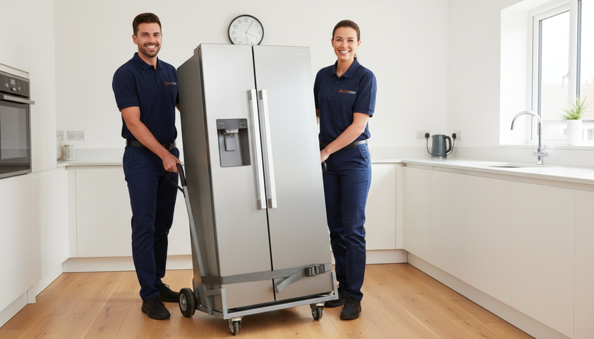 Close-up of two delivery specialists in navy blue uniforms using professional  appliance trolley