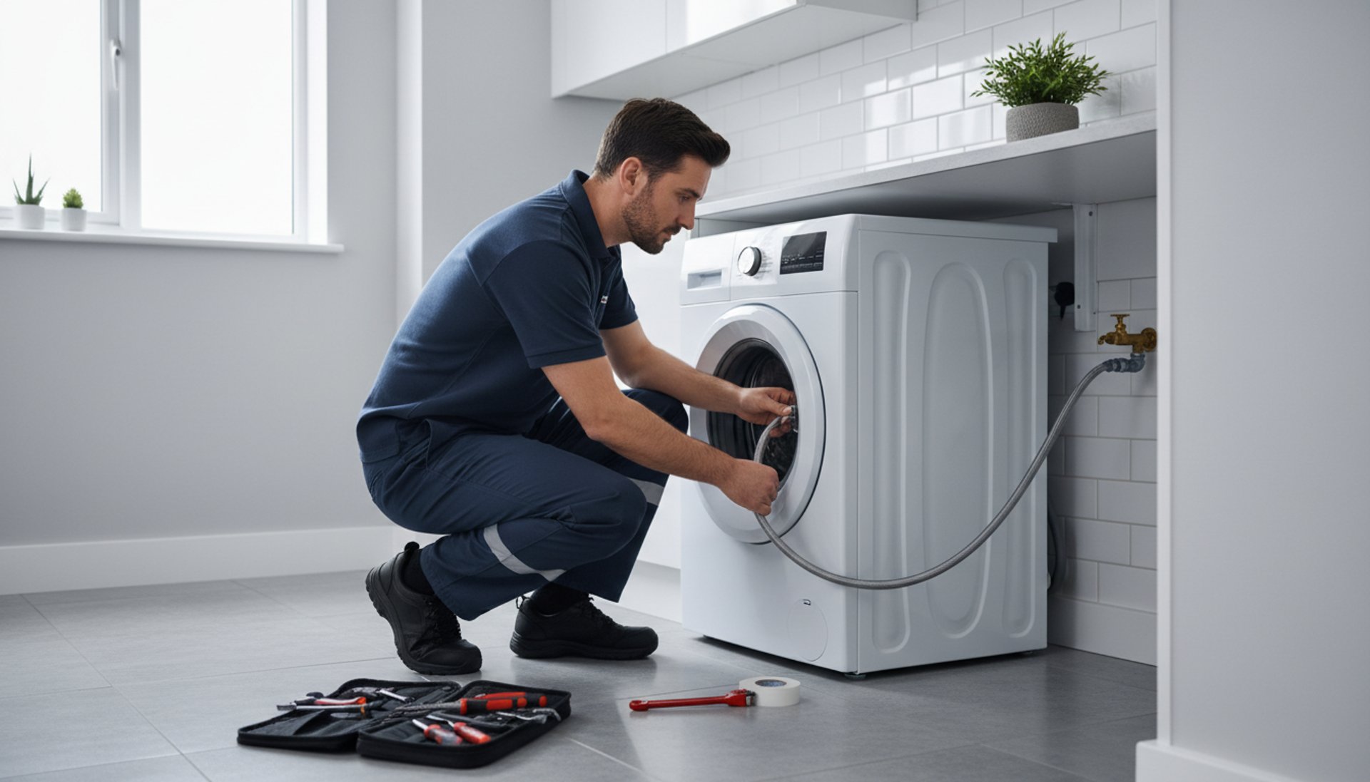 Professional delivery technician in navy uniform crouching behind a washing machine 