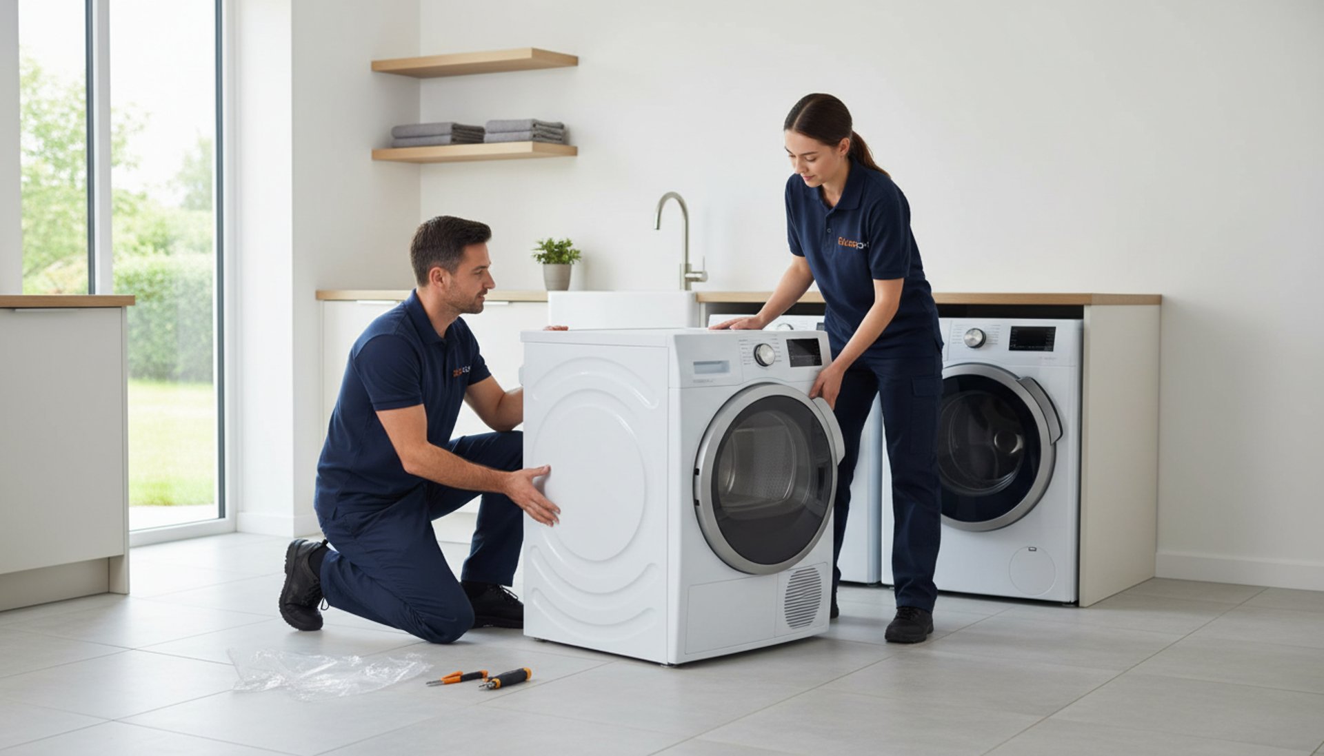 Two professional delivery specialists in matching navy uniforms carefully unboxing