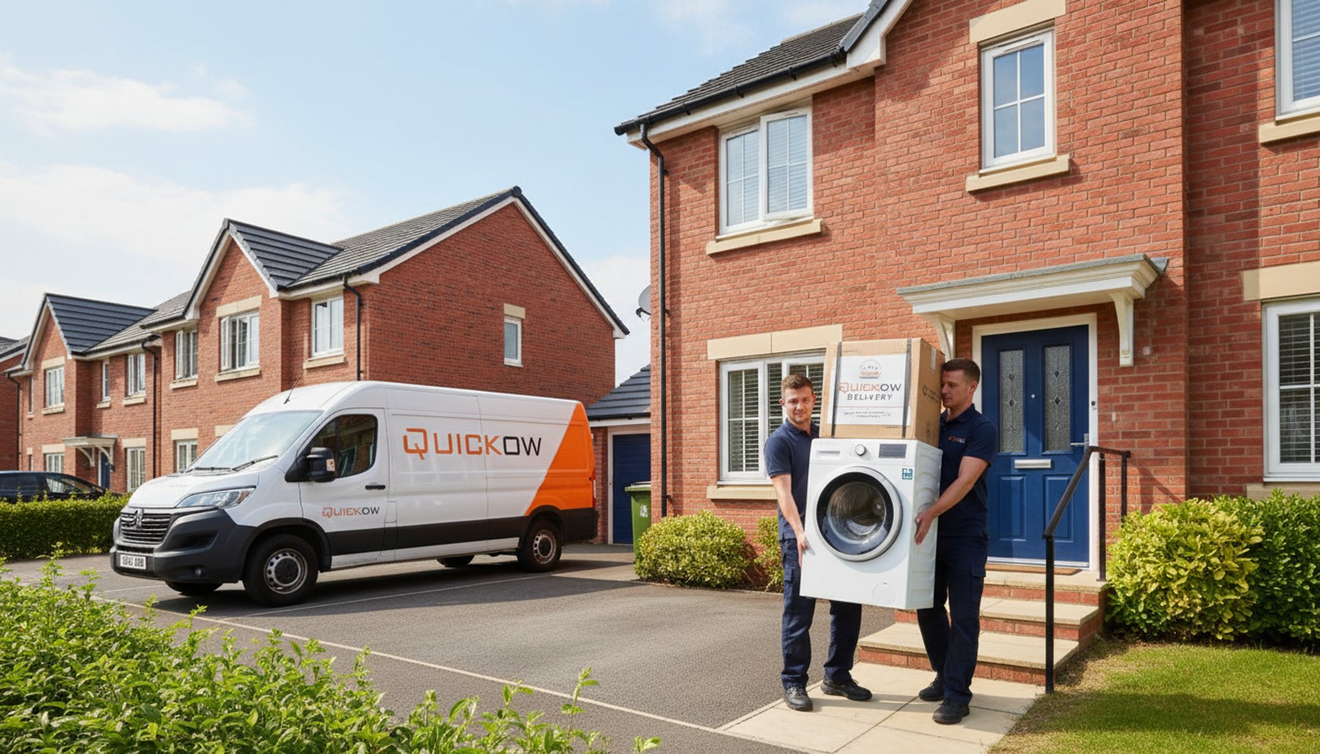 Two professional uniformed delivery operatives carrying a brand new white washing 