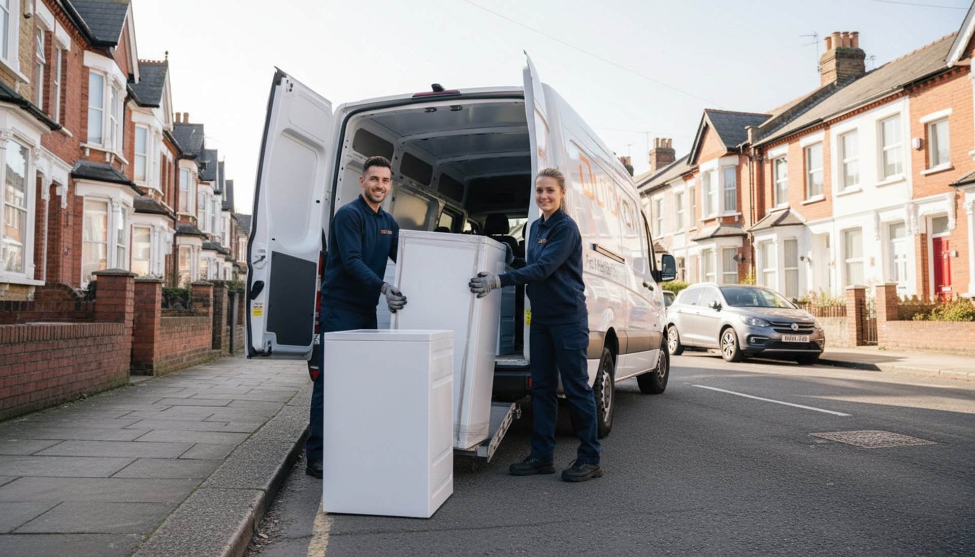 two-person delivery team in matching navy Quickow uniforms loading
