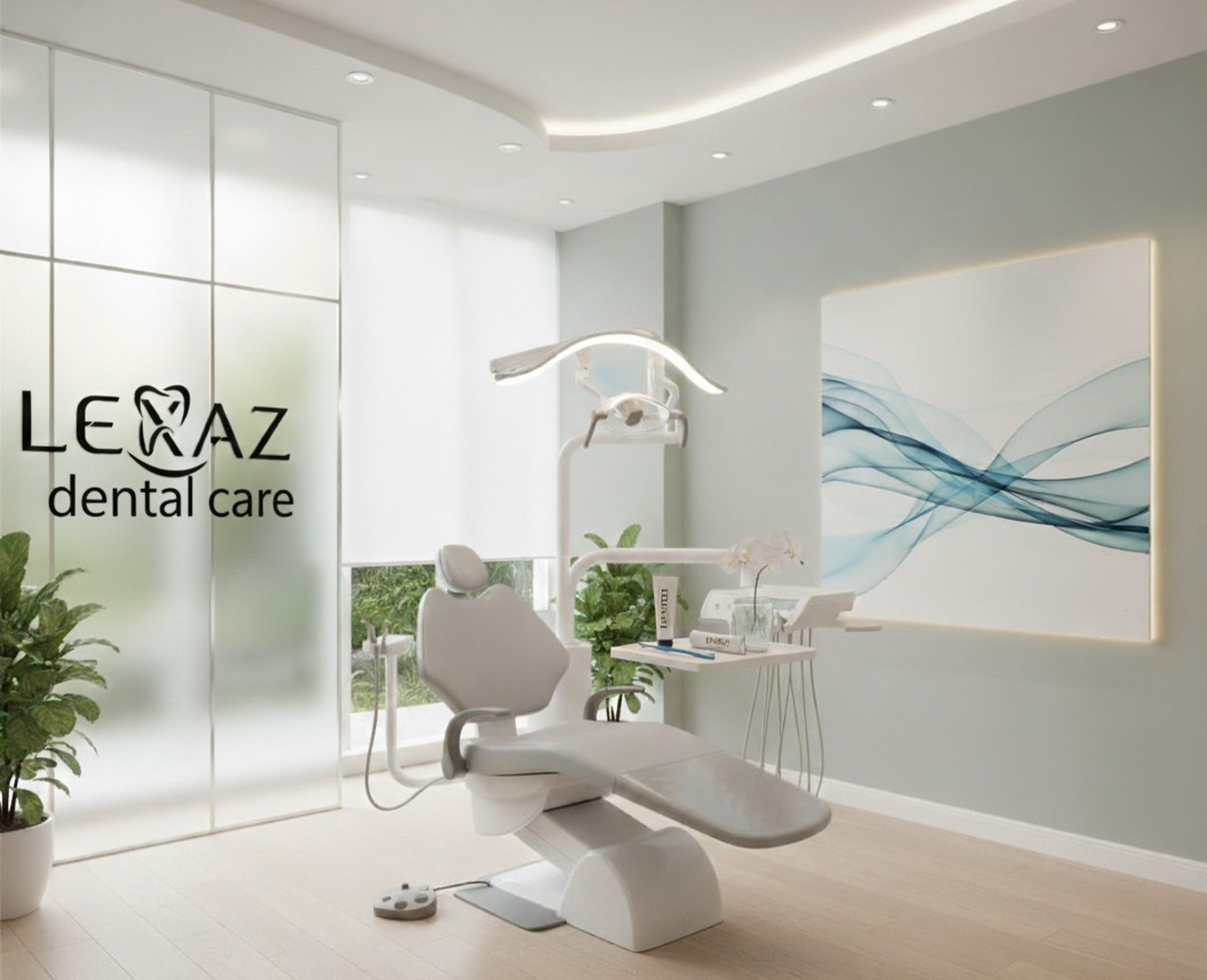 a dentist chair in a room with a painting on the wall