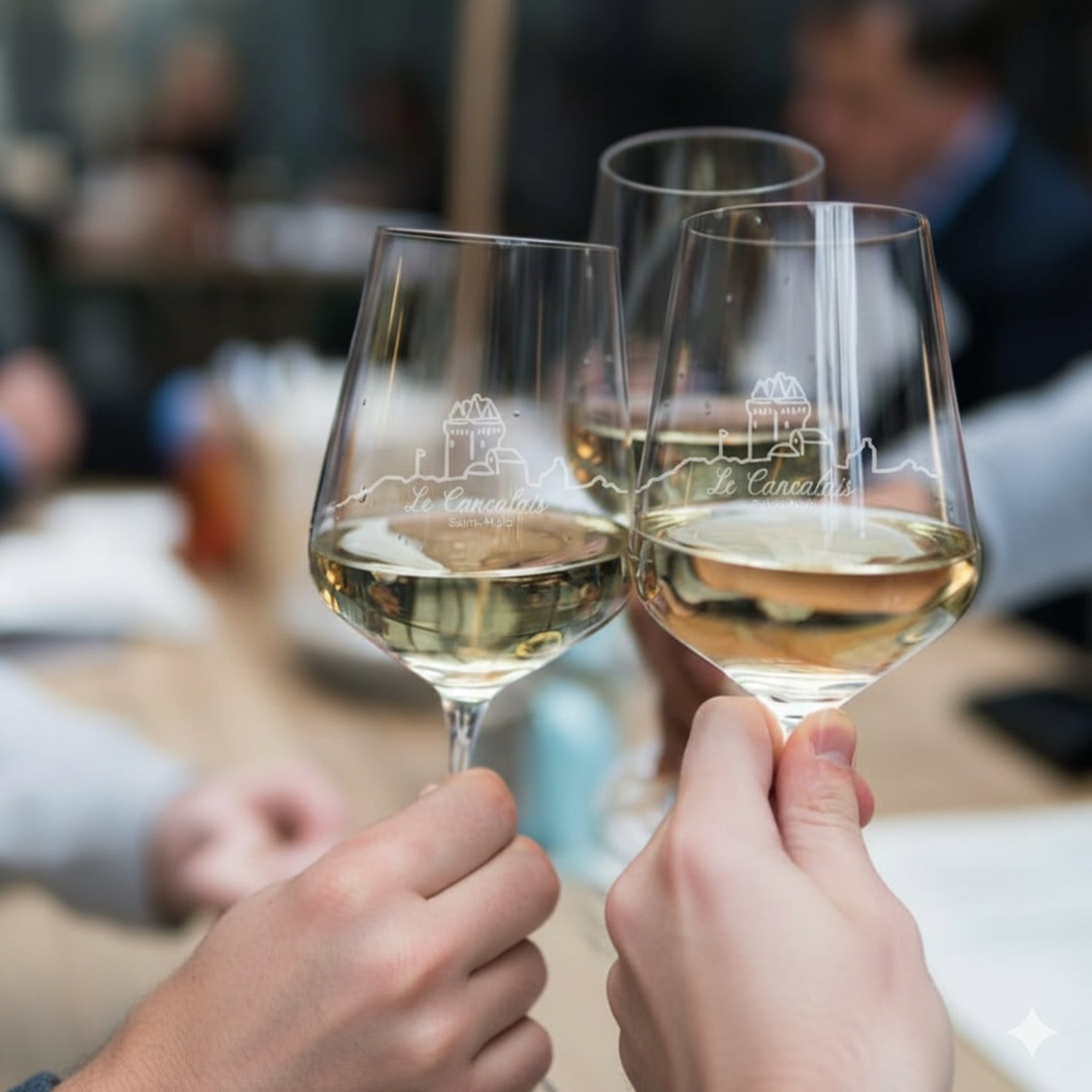 three people having a toast using three clear crystal wine glasses