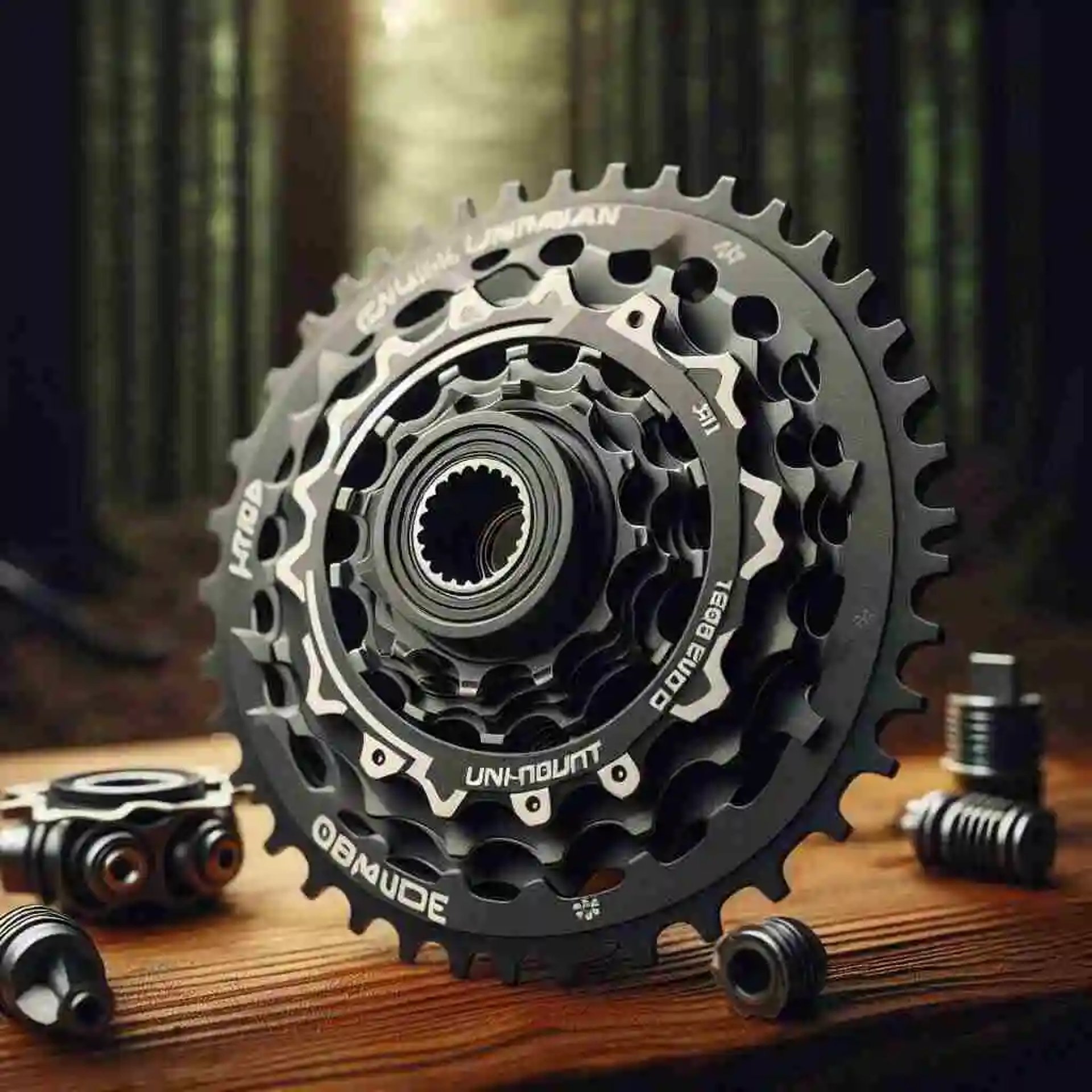 A realistic close-up of bike cassette gears with a refined Uni-mount logo seamlessly integrated into the design. 