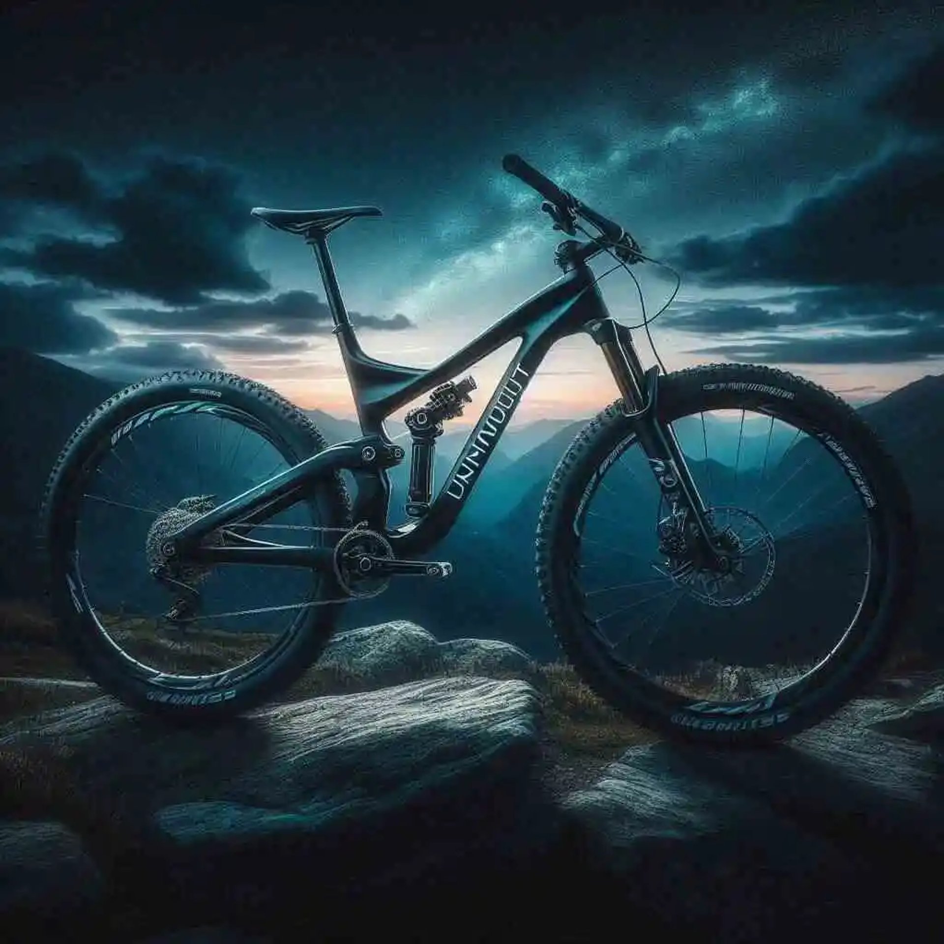 A sleek carbon mountain bike positioned in a rugged dark mountain landscape, featuring the Uni-Mount logo