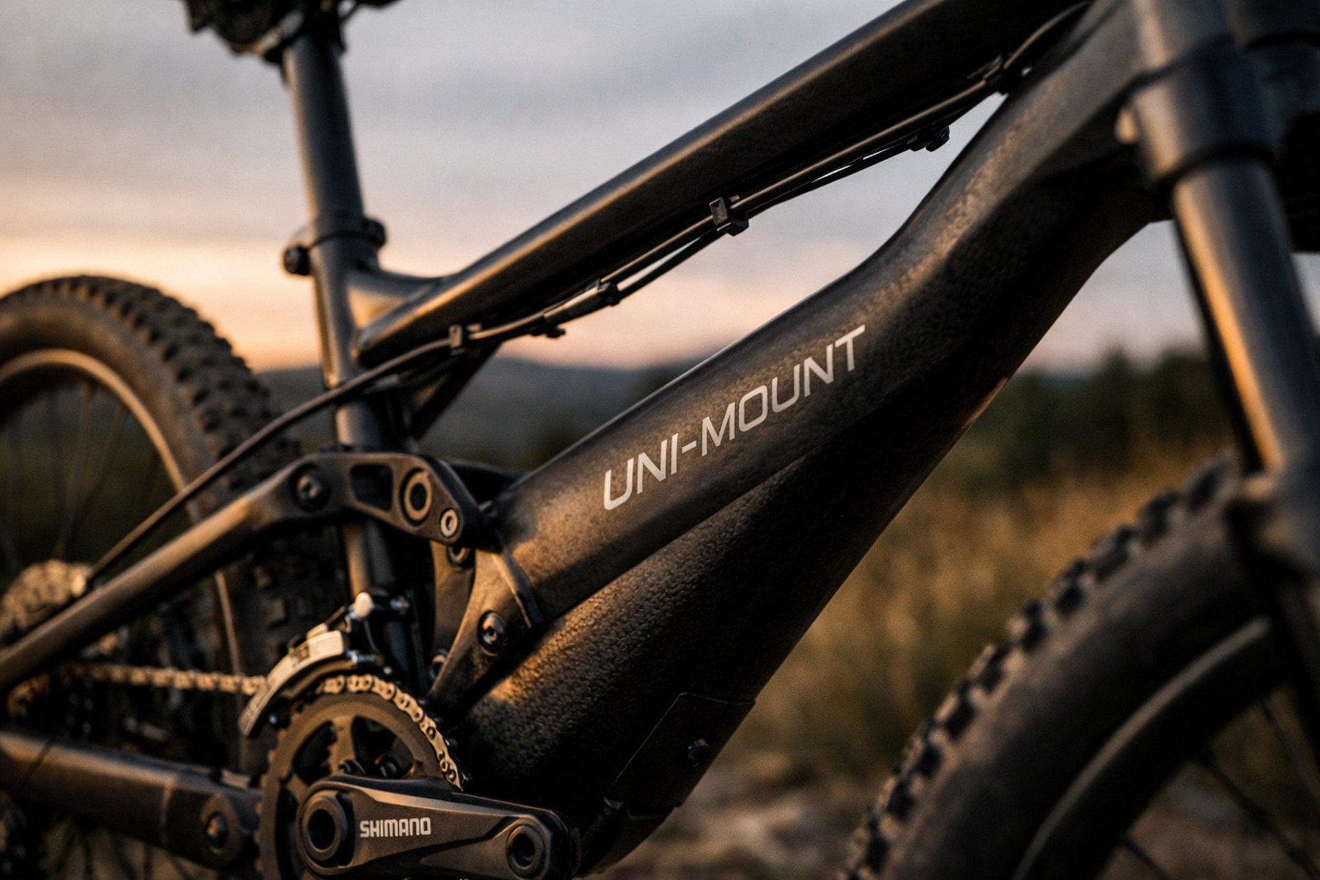 A sleek carbon mountain bike positioned in a rugged dark mountain landscape, featuring the Uni-Mount logo