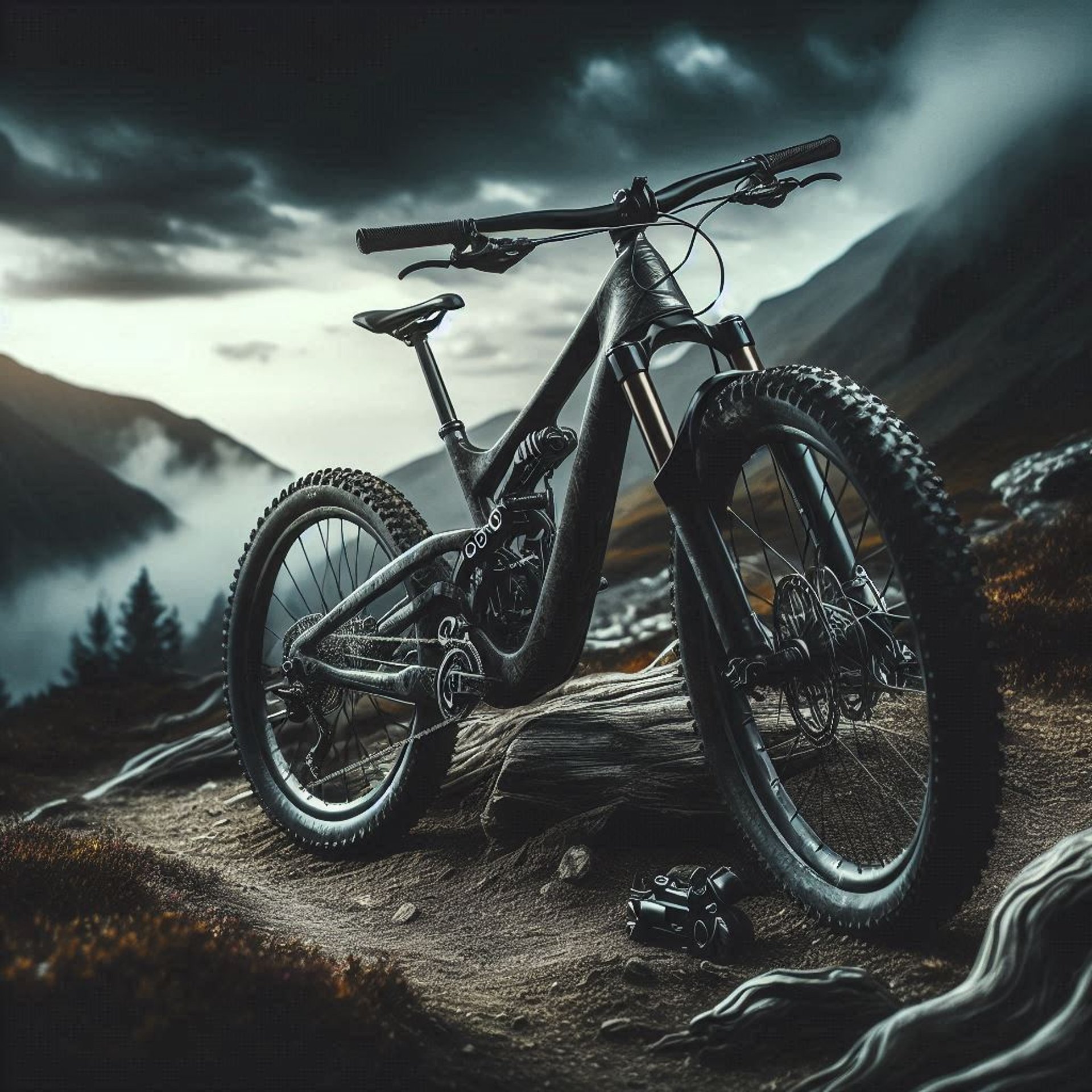 "A fierce mountain bike kicking up dirt as it powers through rough terrain. The dark, moody backdrop adds intensity