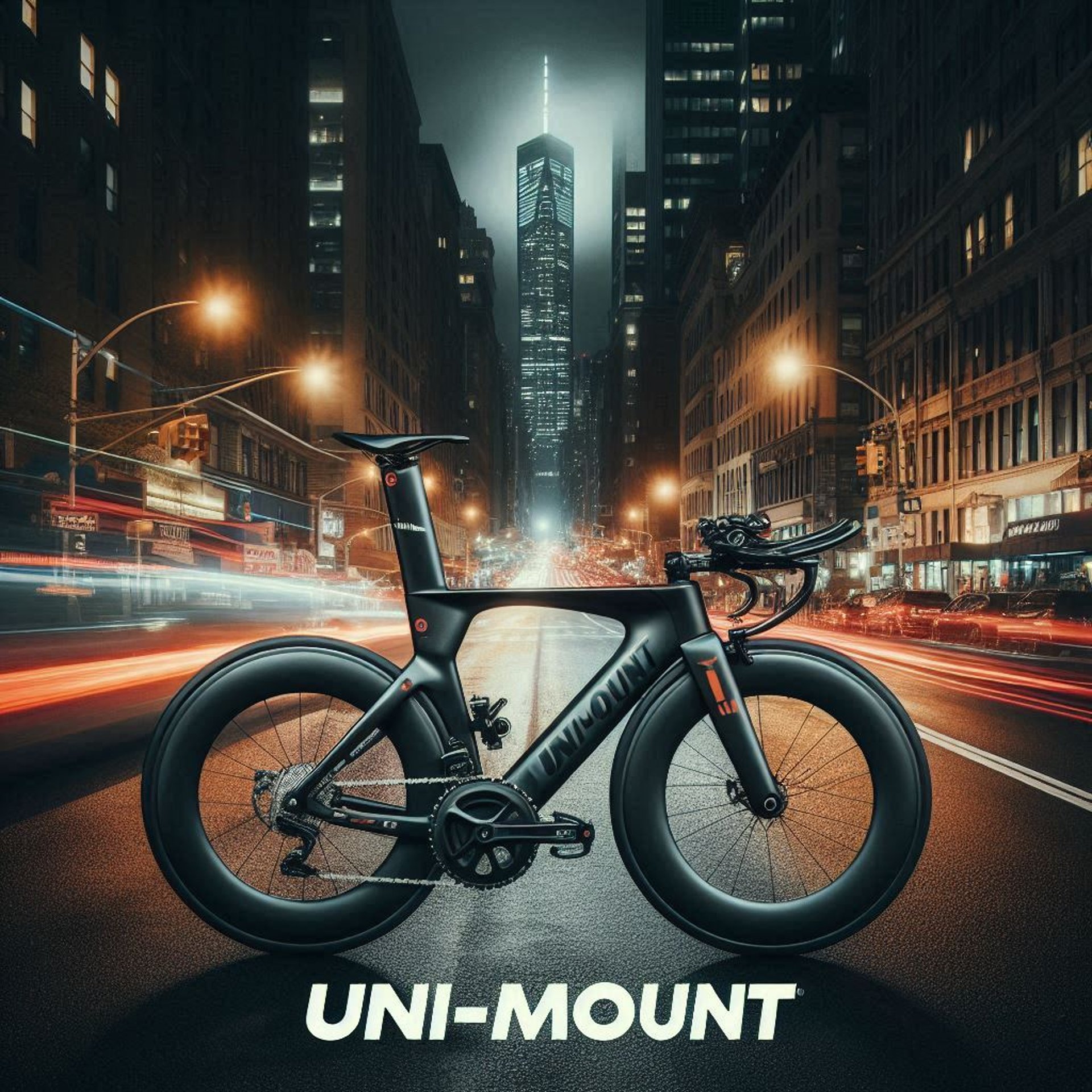 racing-bicycle-on-the-streets-of-new-york-with-a-dark-background-and-the-uni-mount-logo