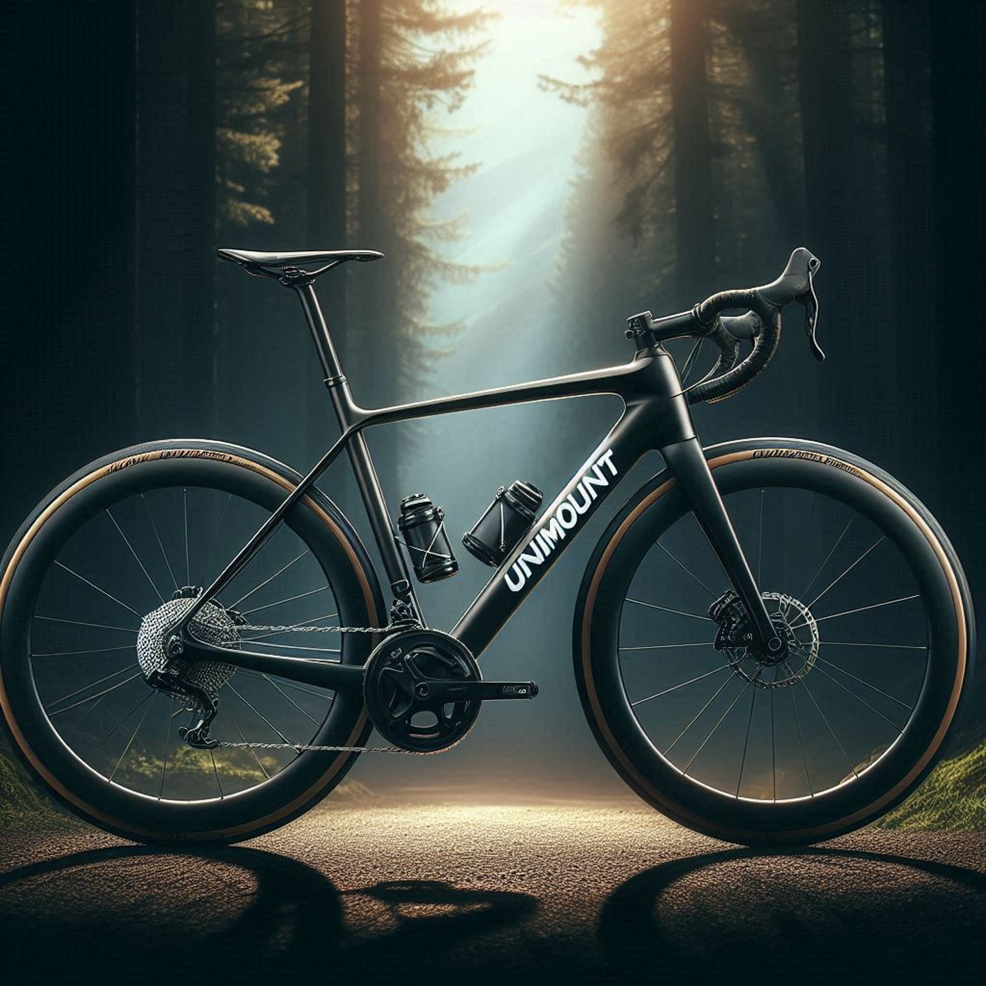 A sleek road bike with a modern design, set against a dark background. The Uni-mount logo is displayed on the bike