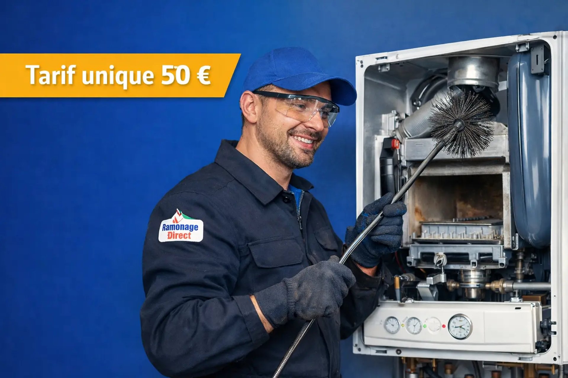 Ramoneur professionnel réalisant le ramonage d’une chaudière à gaz à Nantes – tarif unique 50 € avec certificat