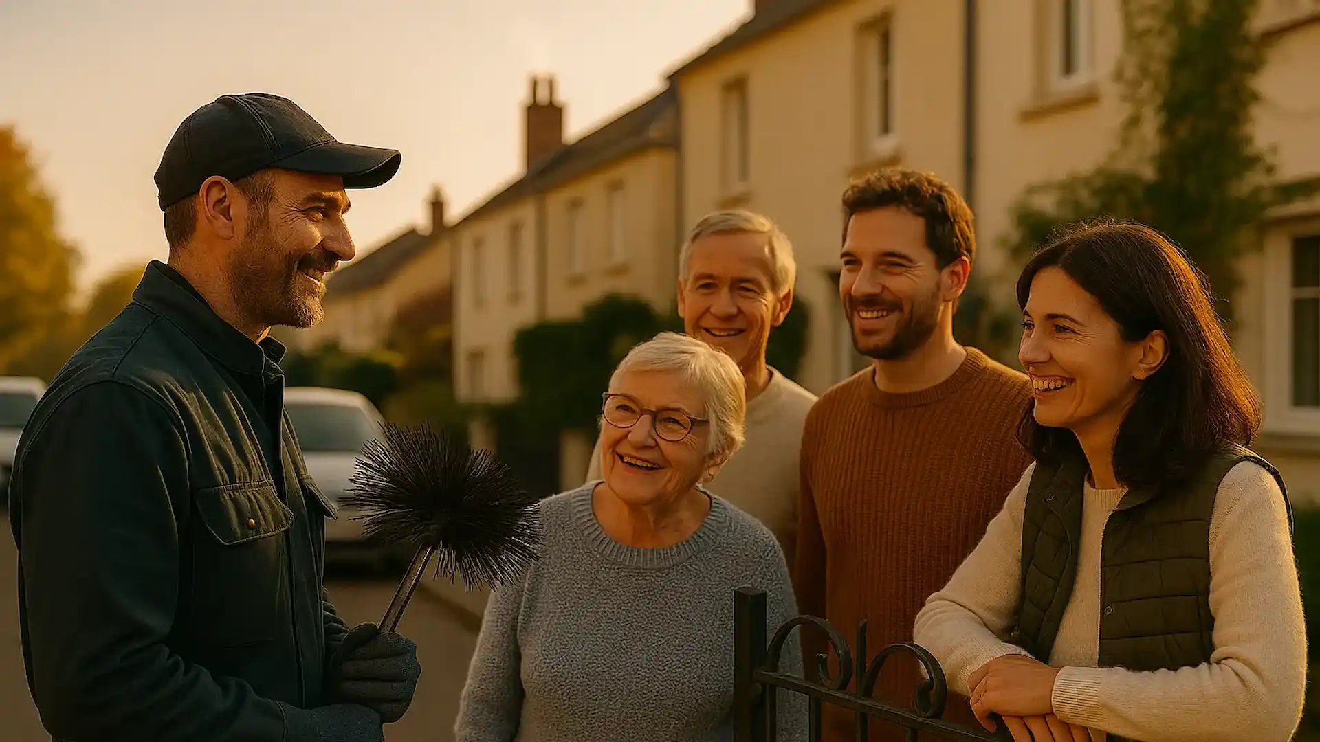 ramoneur effectuant des prestations de ramonage dans plusieurs maisons voisines 