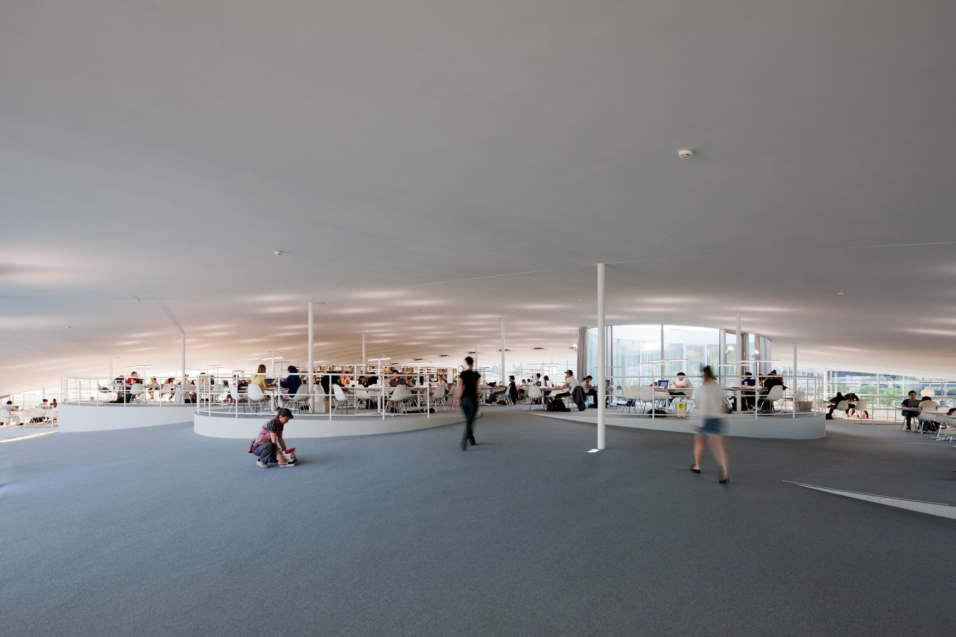 an abstract photo of a curved building with a blue sky in the background