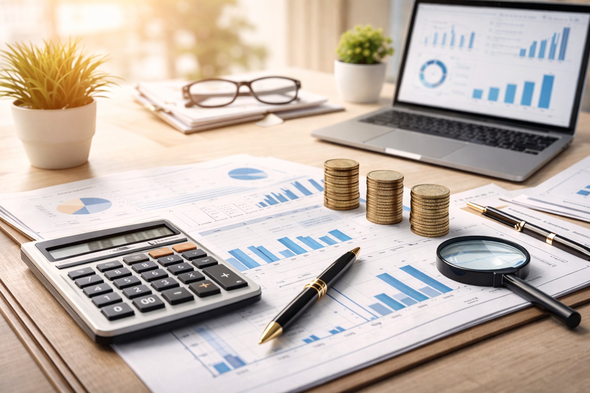 Glasses and pen on tax form and laptop.