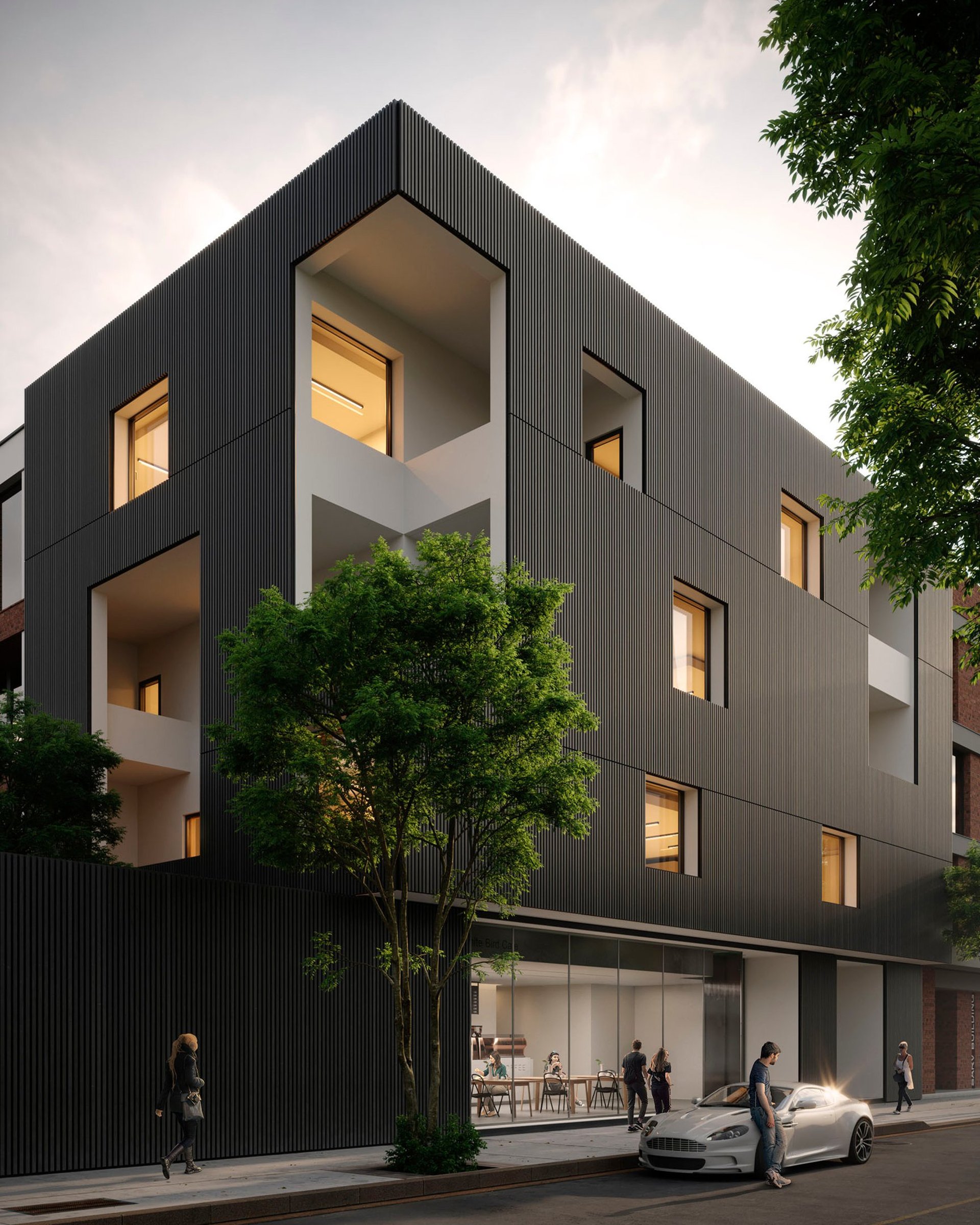 3D rendering of modern, multi-story building with dark exterior, large windows, vertical slats, and surrounding trees.