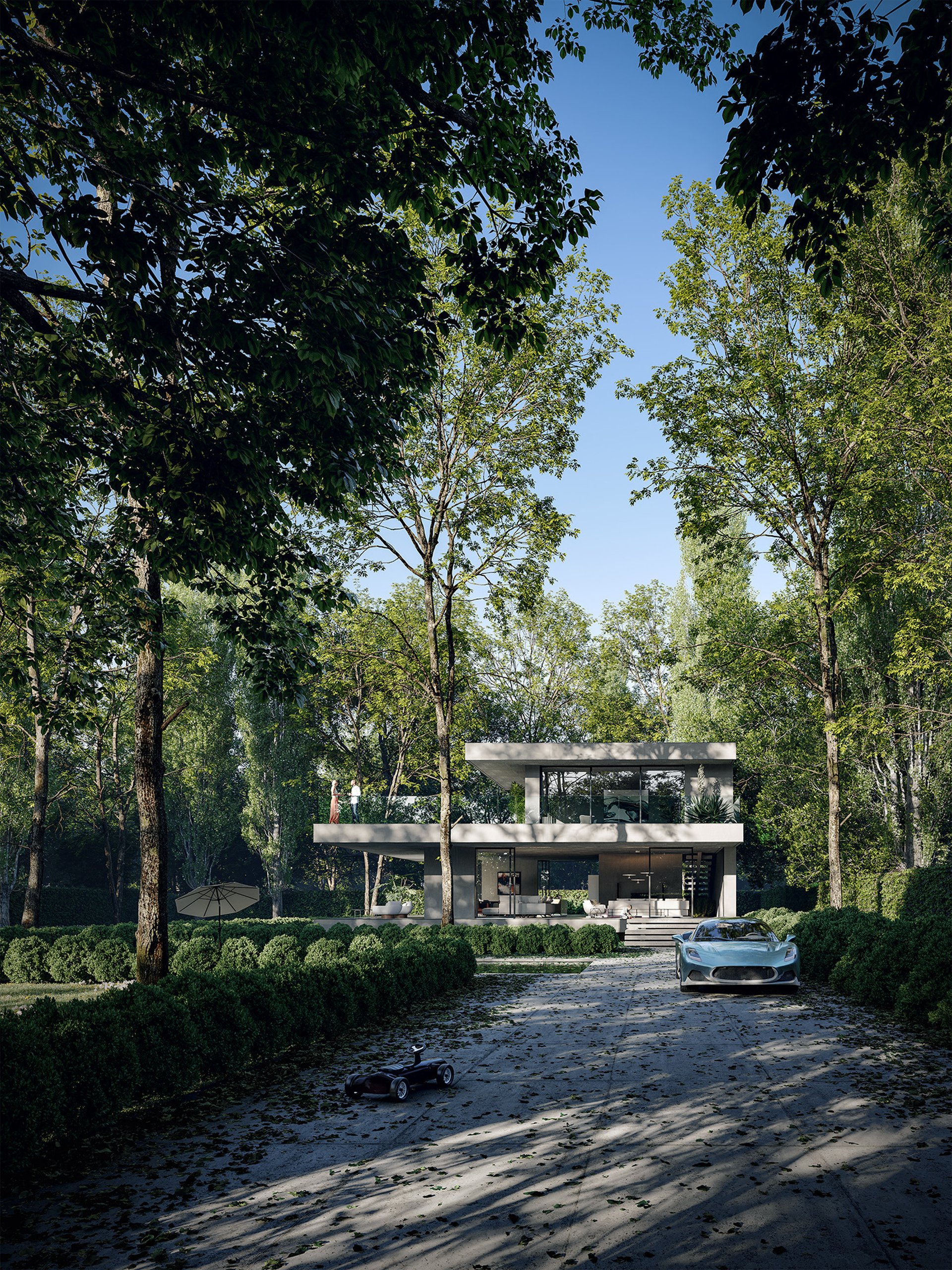 3D exterior rendering of a modern concrete villa with large glazing and clean lines, Created by VISUALISE.