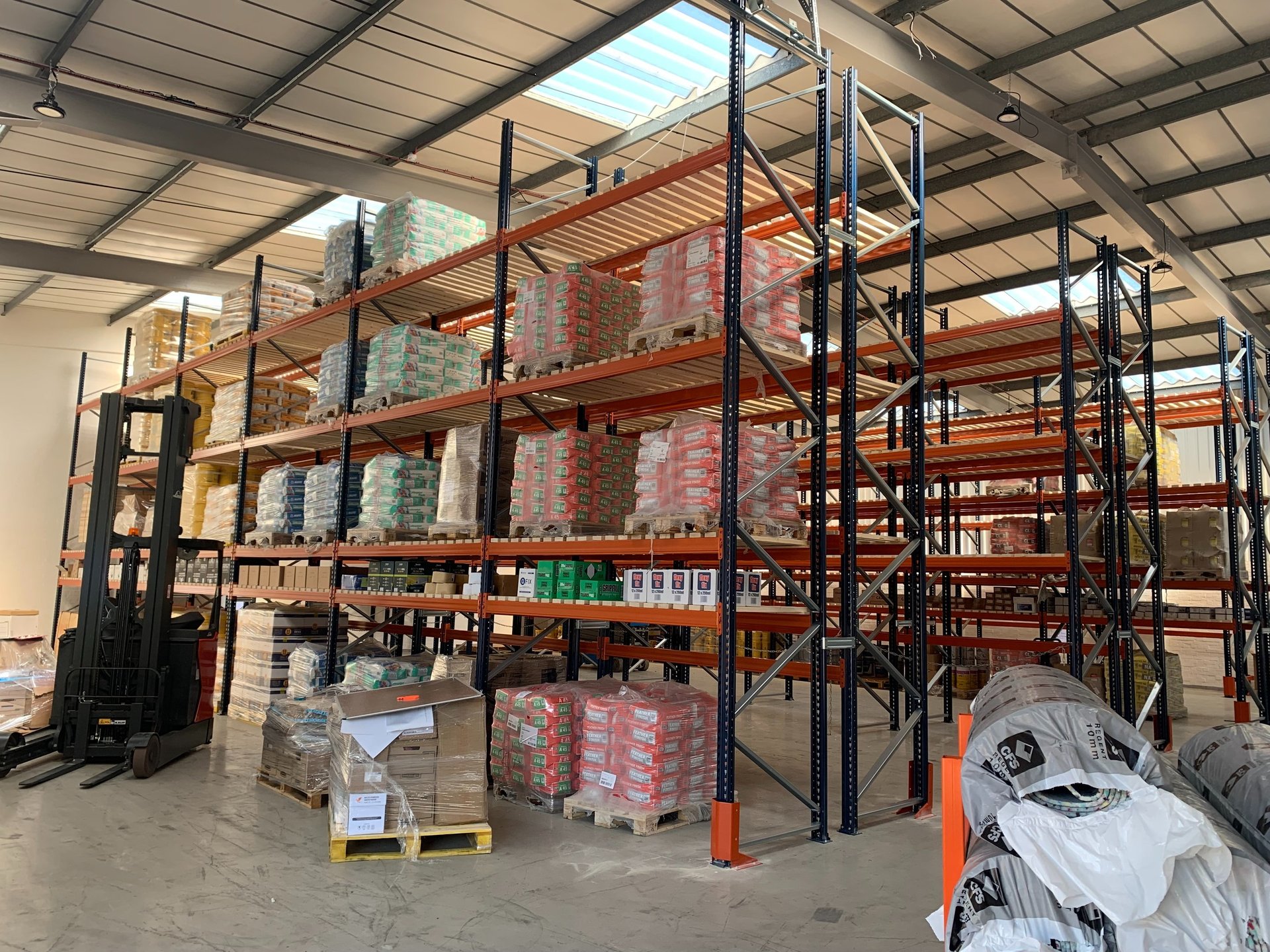 tall pallet racking in narrow aisle configuration with rack end protectors  