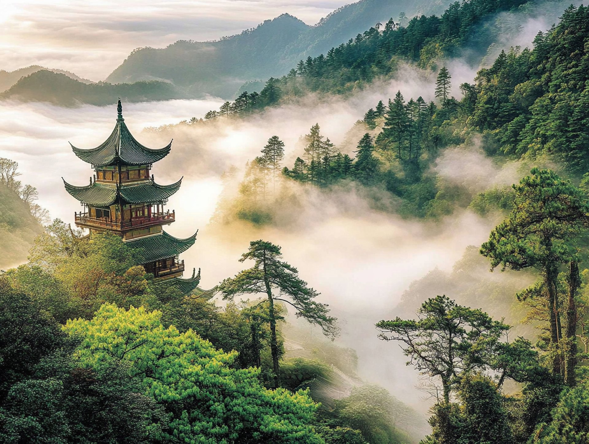Ancient pagoda tower rising above misty forests in the Wudang Mountains at sunrise.