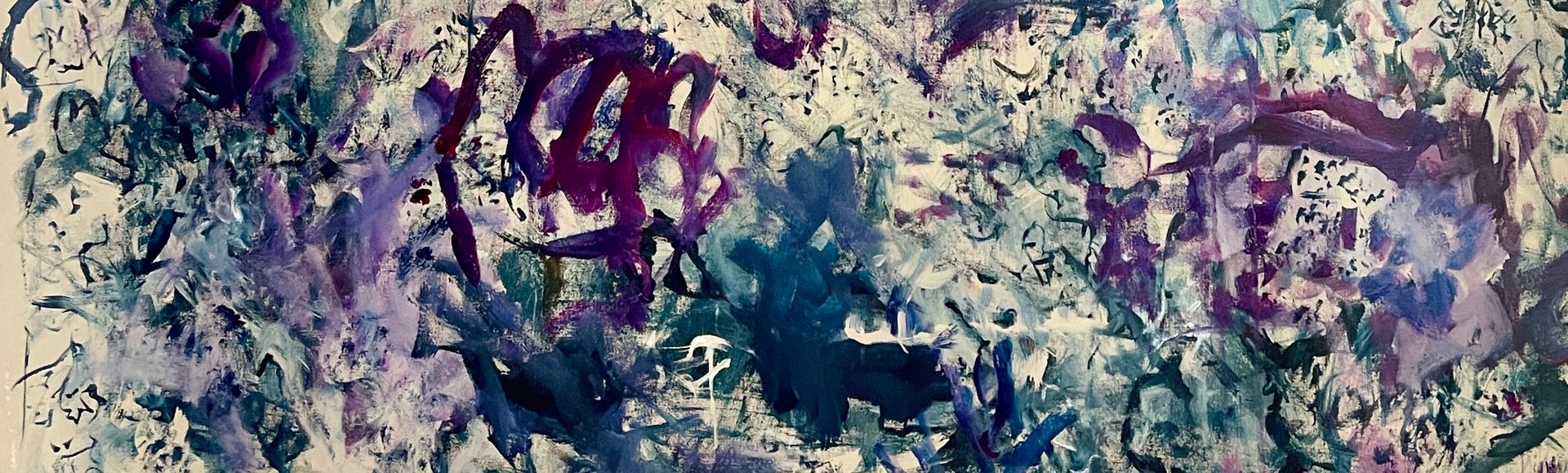 closeup image of a teal, purple and blue with tan background large painting