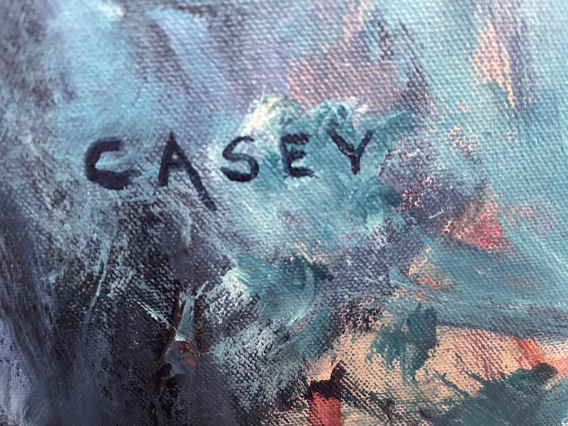 closeup image of a teal, purple and blue with tan background large painting