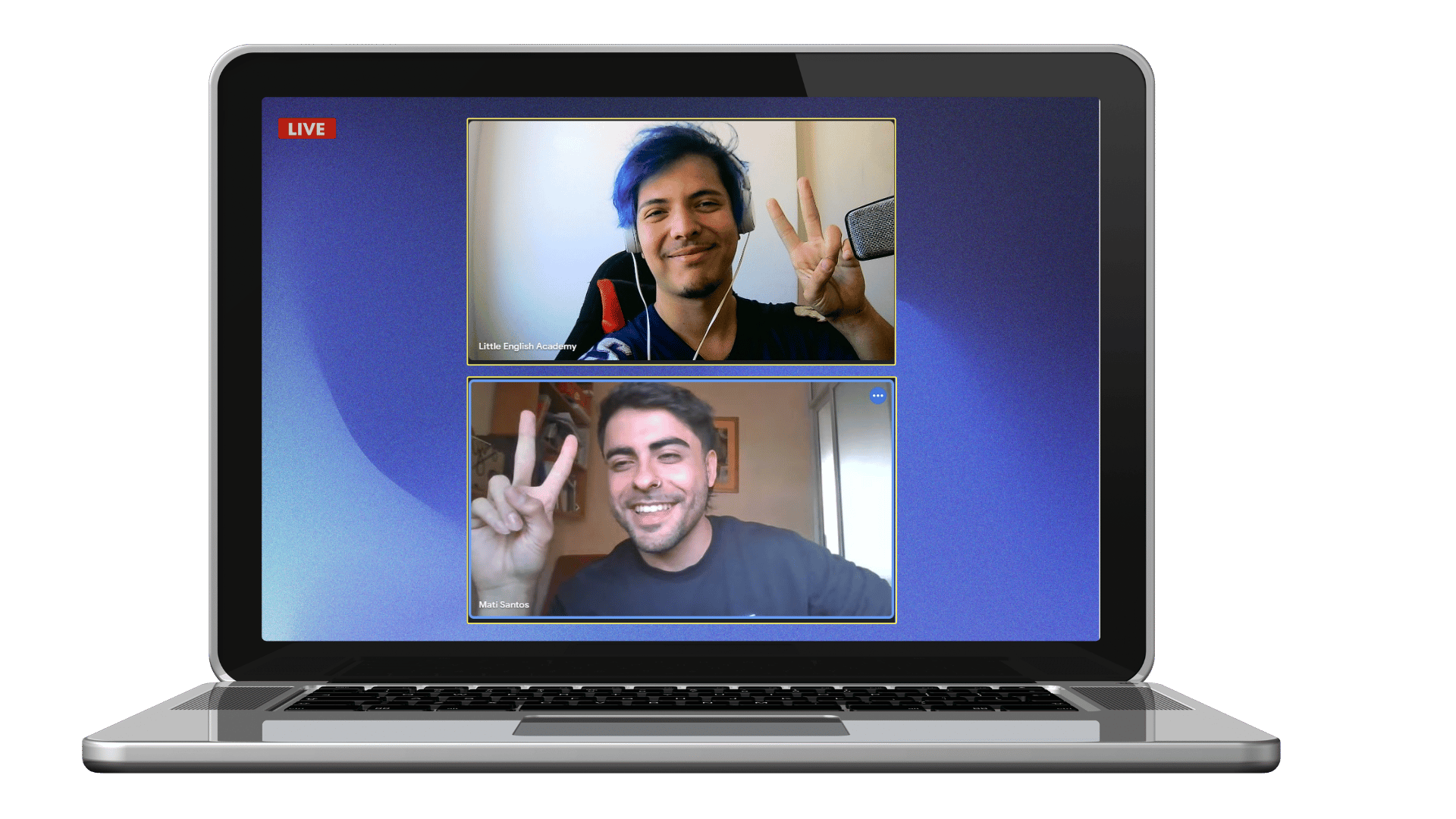 man wearing white and black plaid button-up sports shirt pointing the silver MacBook